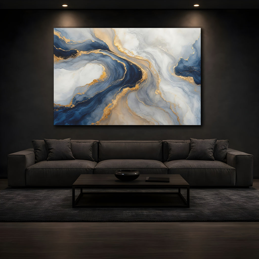 Mockup 3. Abstract Fluid Abstract Blue And Gold shown as stretched canvas wall art