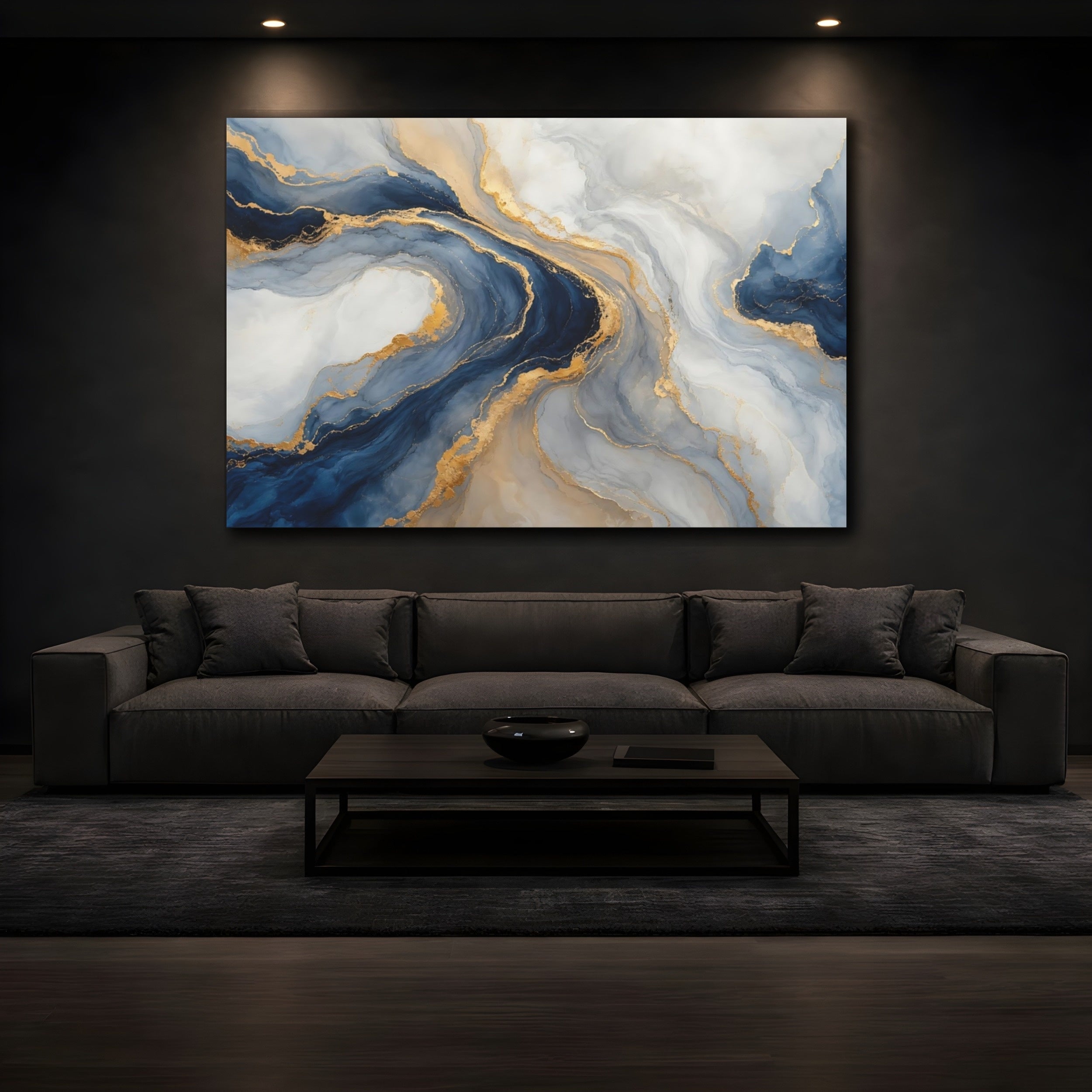 Mockup 3. Abstract Fluid Abstract Blue And Gold shown as stretched canvas wall art