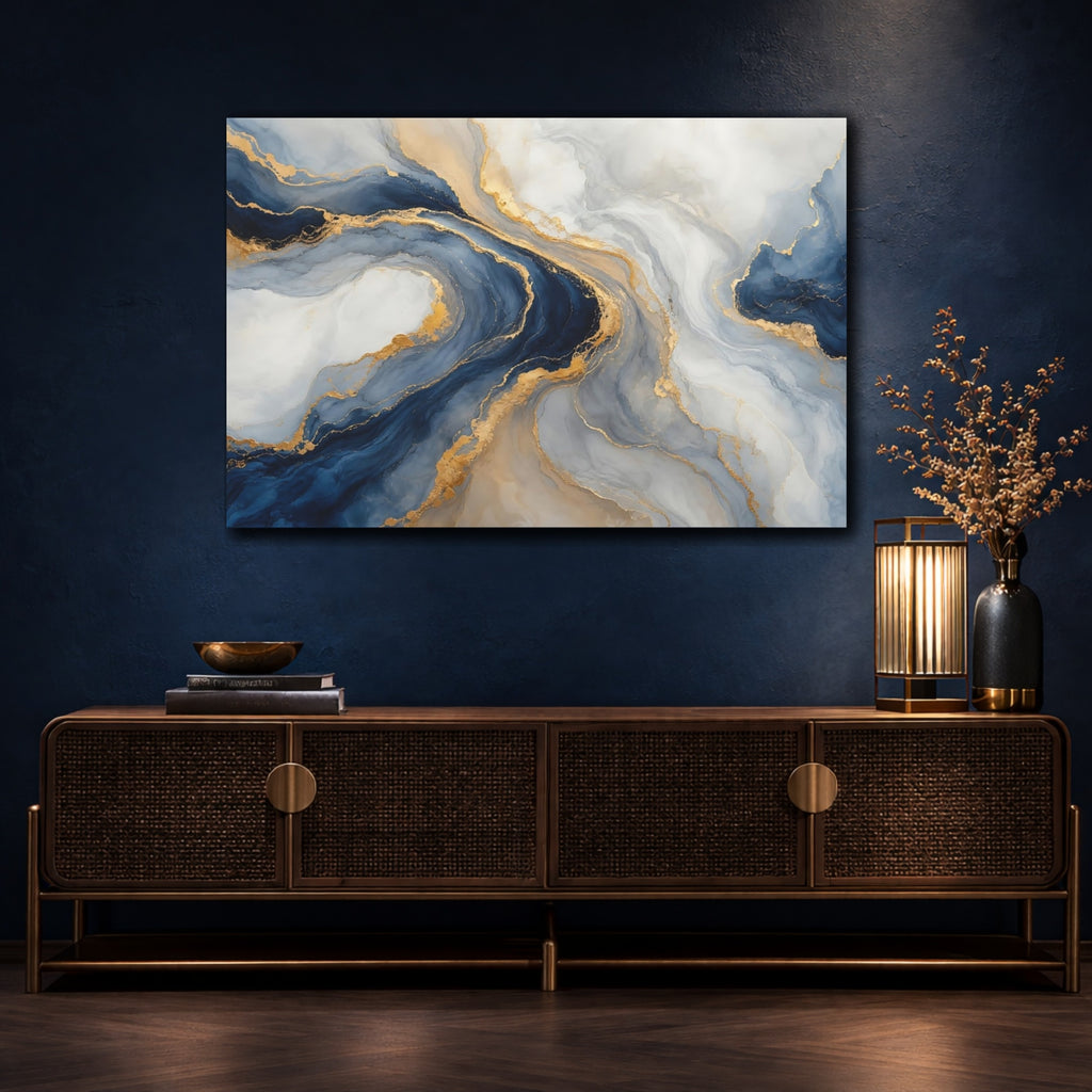Mockup 4. Abstract Fluid Abstract Blue And Gold shown as stretched canvas wall art