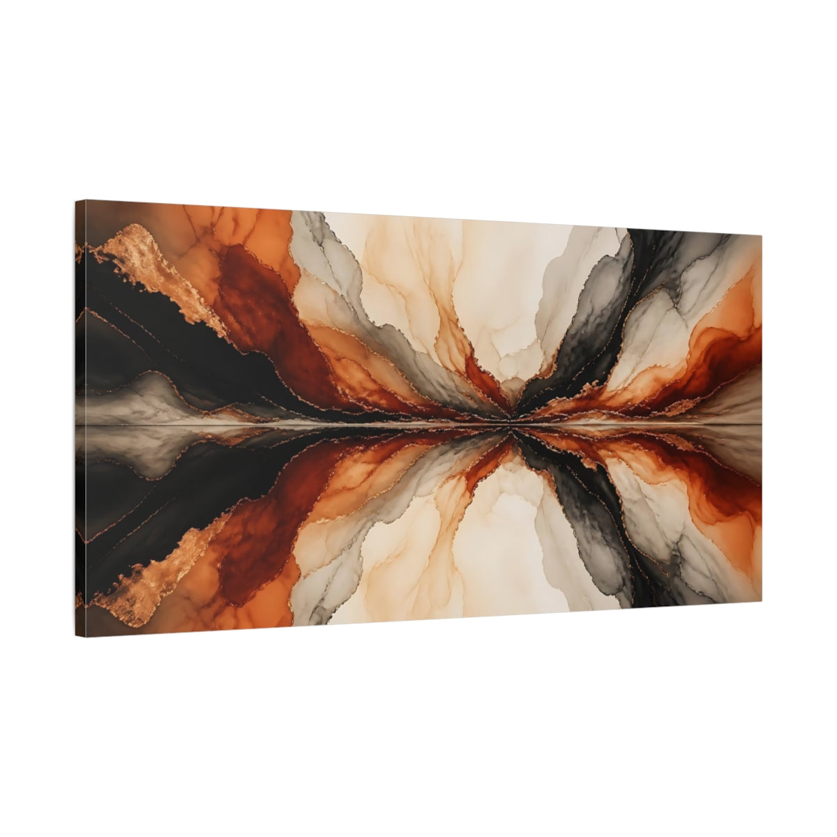 Main Mockup. Abstract Fluid Abstraction Black Orange Gold shown as stretched canvas wall art