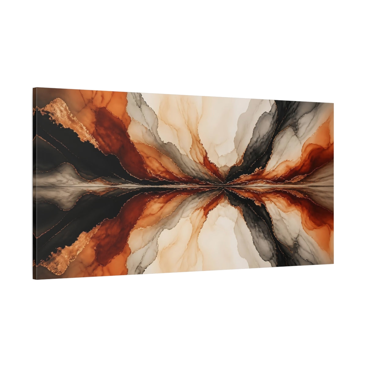 Side Mockup 2. Abstract Fluid Abstraction Black Orange Gold shown as stretched canvas wall art