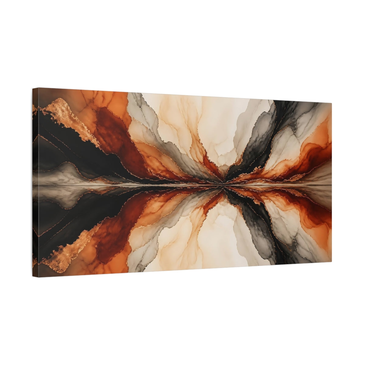 Side Mockup 1. Abstract Fluid Abstraction Black Orange Gold shown as stretched canvas wall art