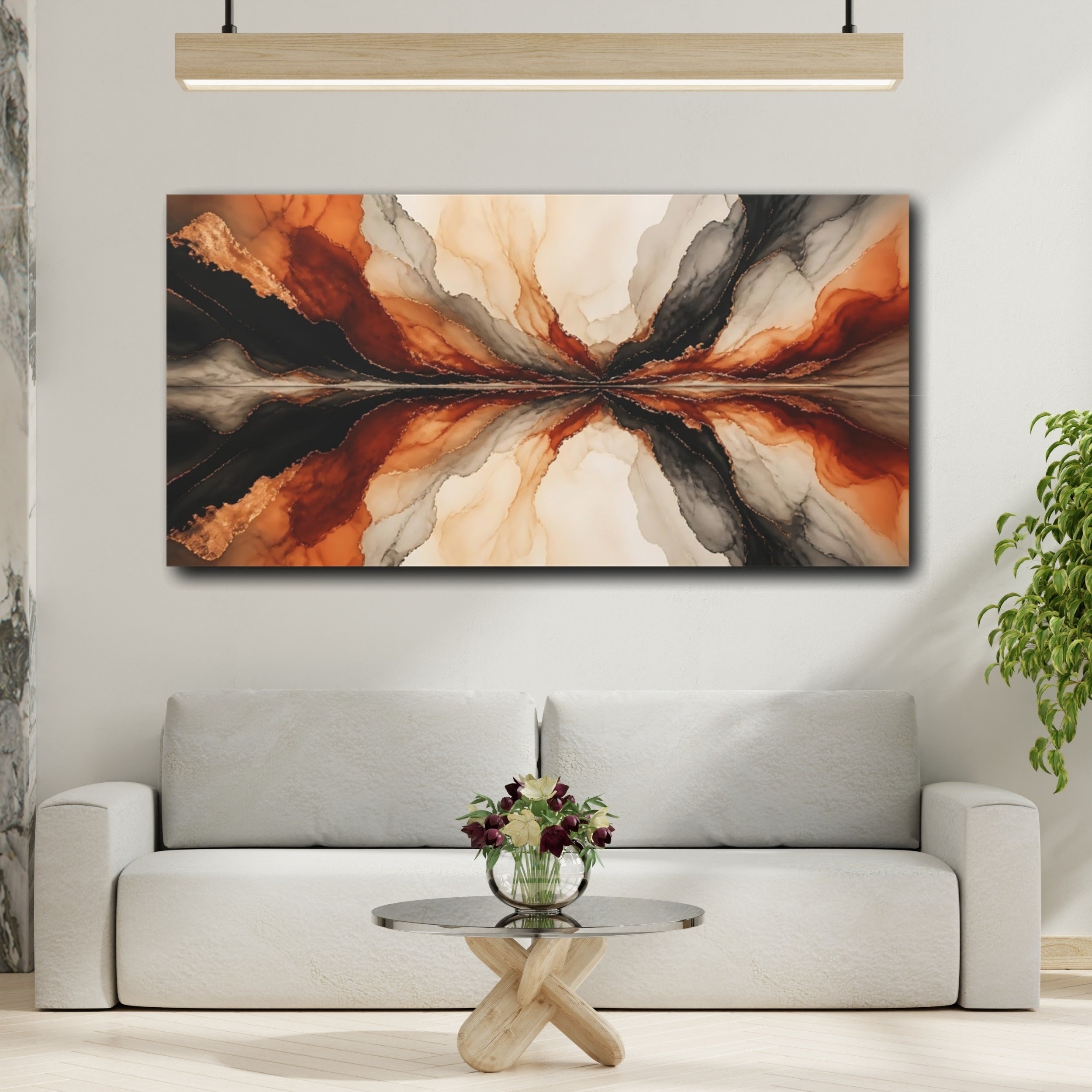 Mockup 2. Abstract Fluid Abstraction Black Orange Gold shown as stretched canvas wall art