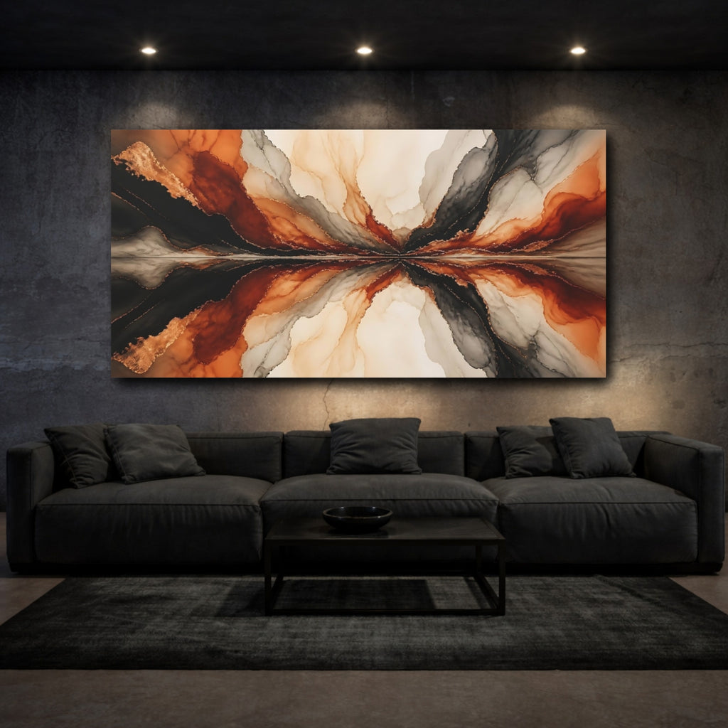 Mockup 3. Abstract Fluid Abstraction Black Orange Gold shown as stretched canvas wall art