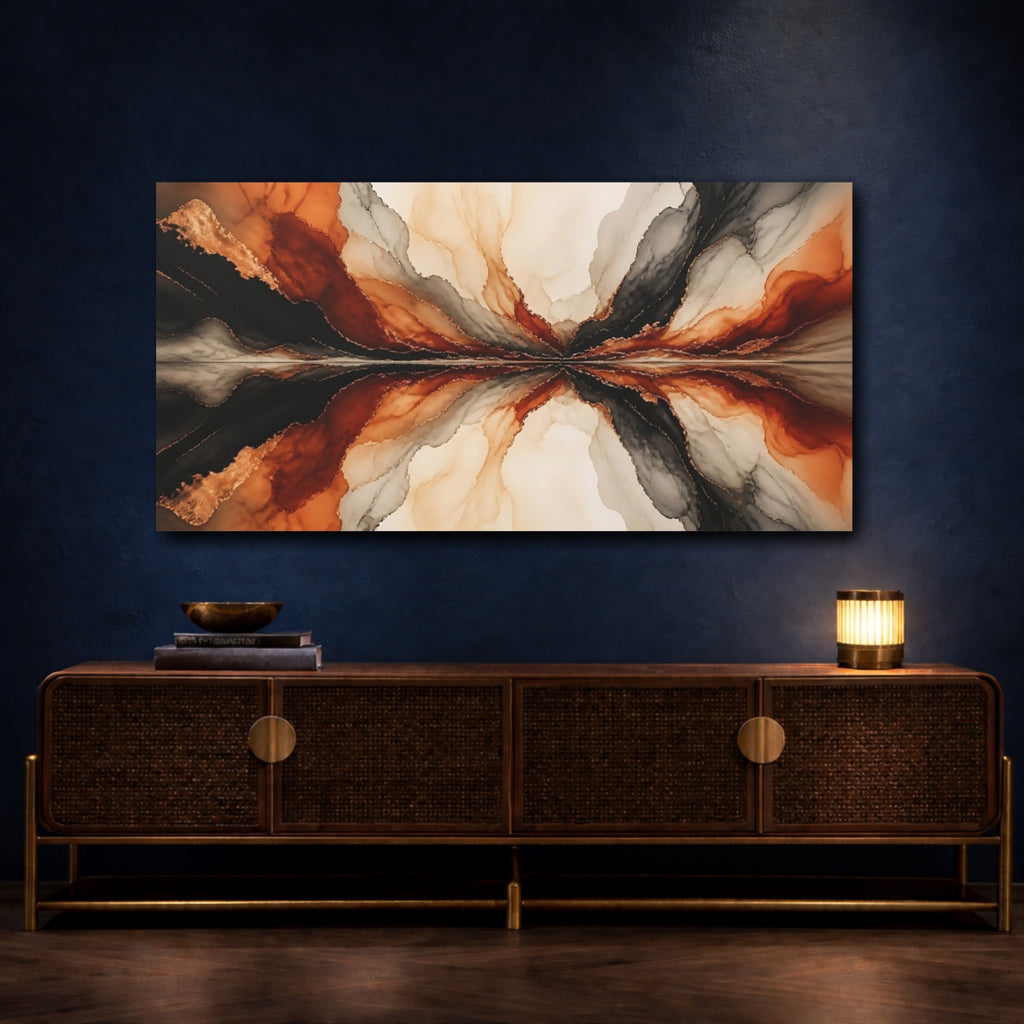 Mockup 4. Abstract Fluid Abstraction Black Orange Gold shown as stretched canvas wall art