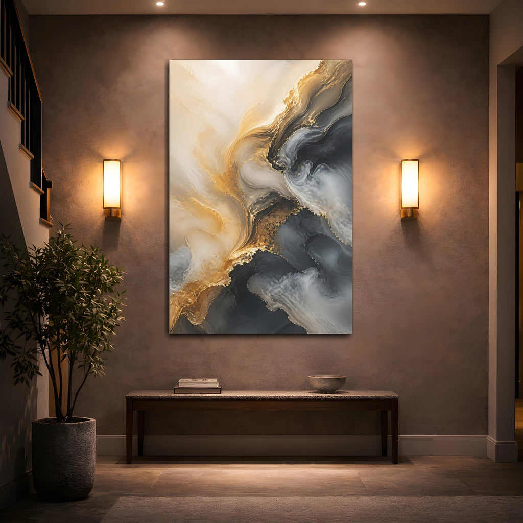 Mockup 2. Abstract Fluid Art Gold And Gray Abstract shown as stretched canvas wall art