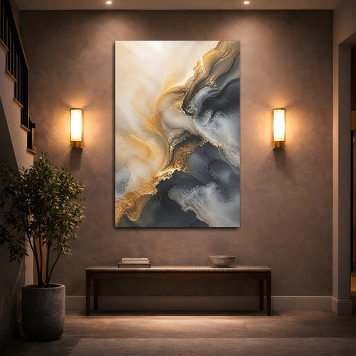 Mockup 2. Abstract Fluid Art Gold And Gray Abstract shown as stretched canvas wall art