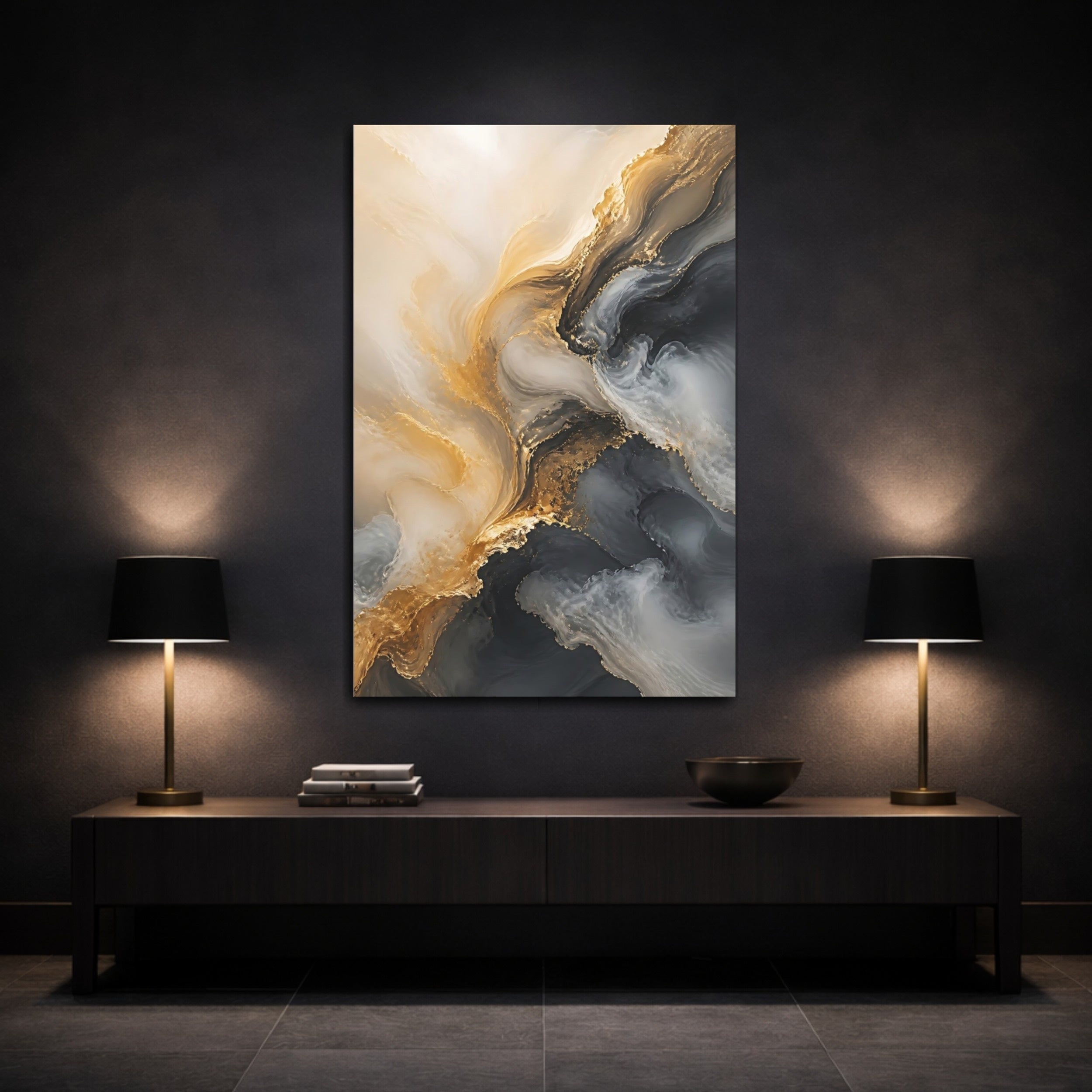 Mockup 3. Abstract Fluid Art Gold And Gray Abstract shown as stretched canvas wall art
