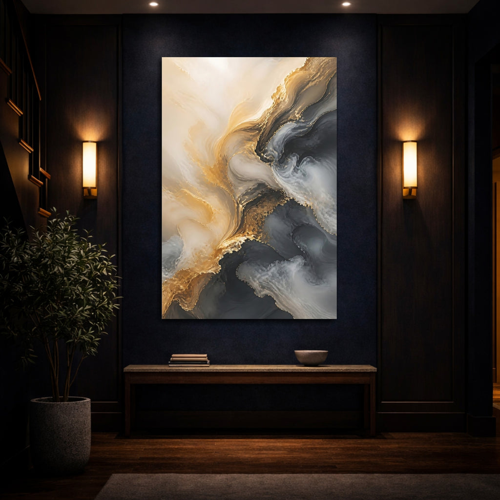 Mockup 4. Abstract Fluid Art Gold And Gray Abstract shown as stretched canvas wall art