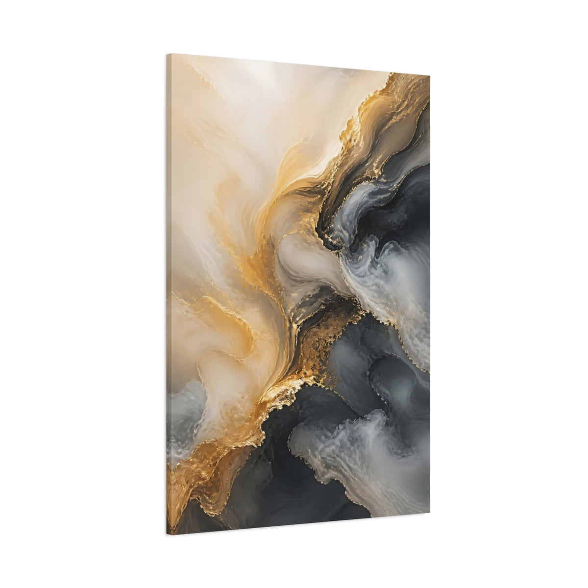Side Mockup 1. Abstract Fluid Art Gold And Gray Abstract shown as stretched canvas wall art