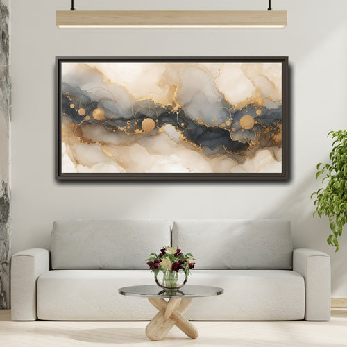 Mockup 2. Abstract Fluid Art Gold Grey Abstract shown as stretched canvas wall art