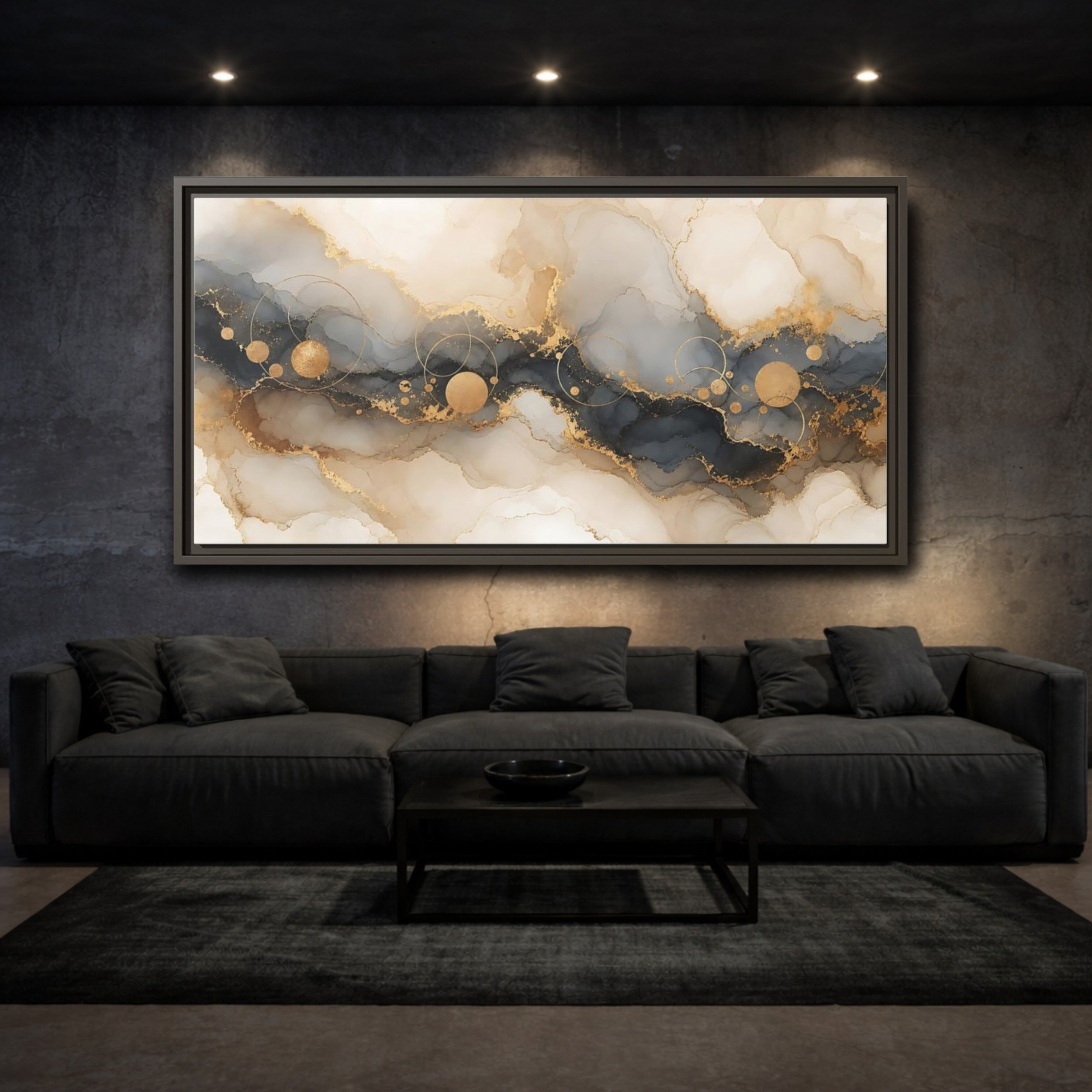 Mockup 3. Abstract Fluid Art Gold Grey Abstract shown as stretched canvas wall art