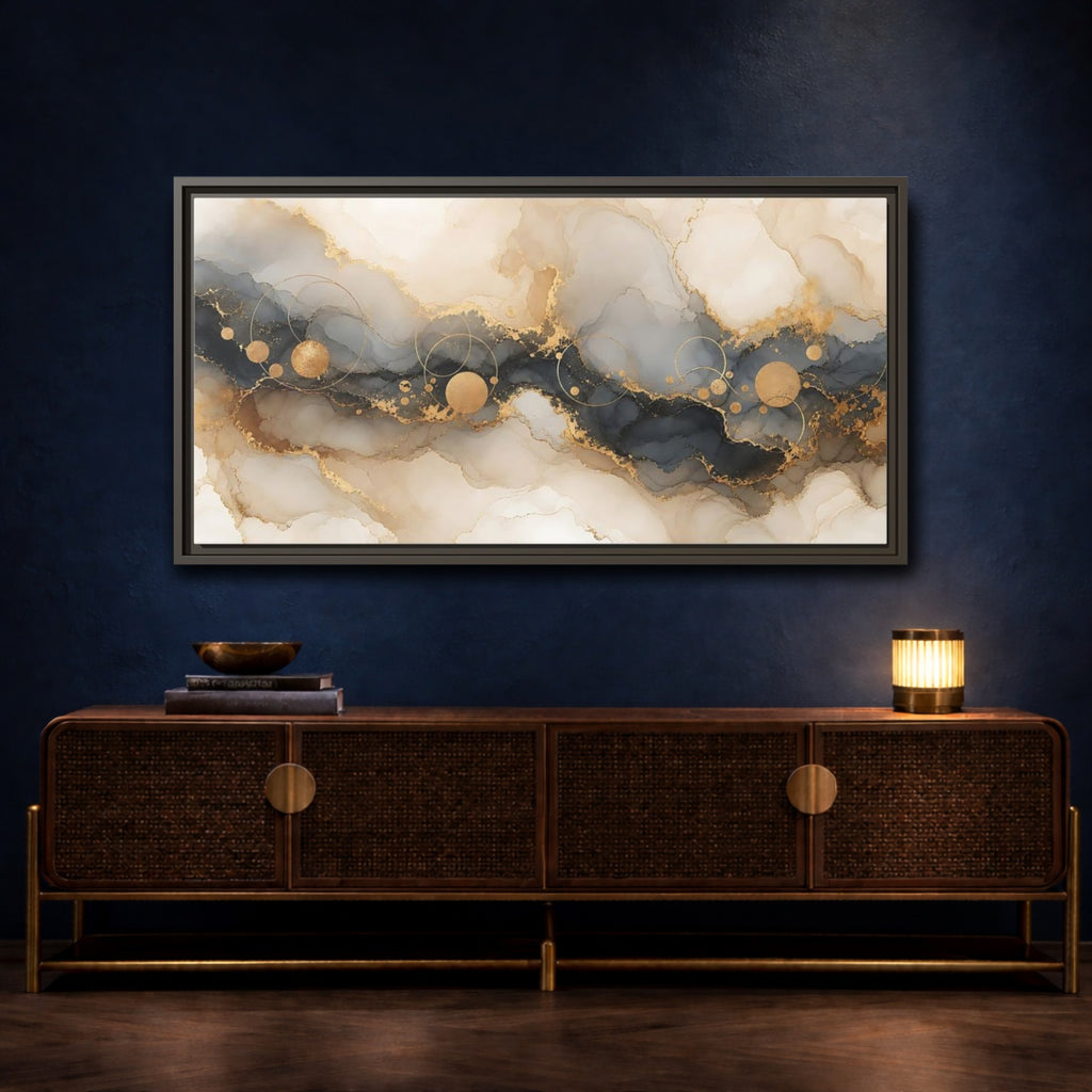 Mockup 4. Abstract Fluid Art Gold Grey Abstract shown as stretched canvas wall art
