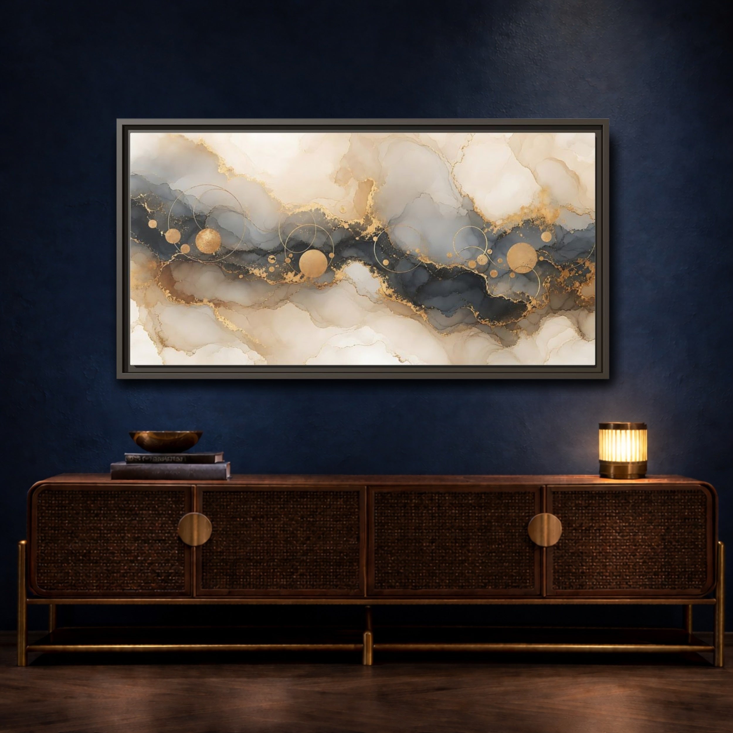 Mockup 4. Abstract Fluid Art Gold Grey Abstract shown as stretched canvas wall art