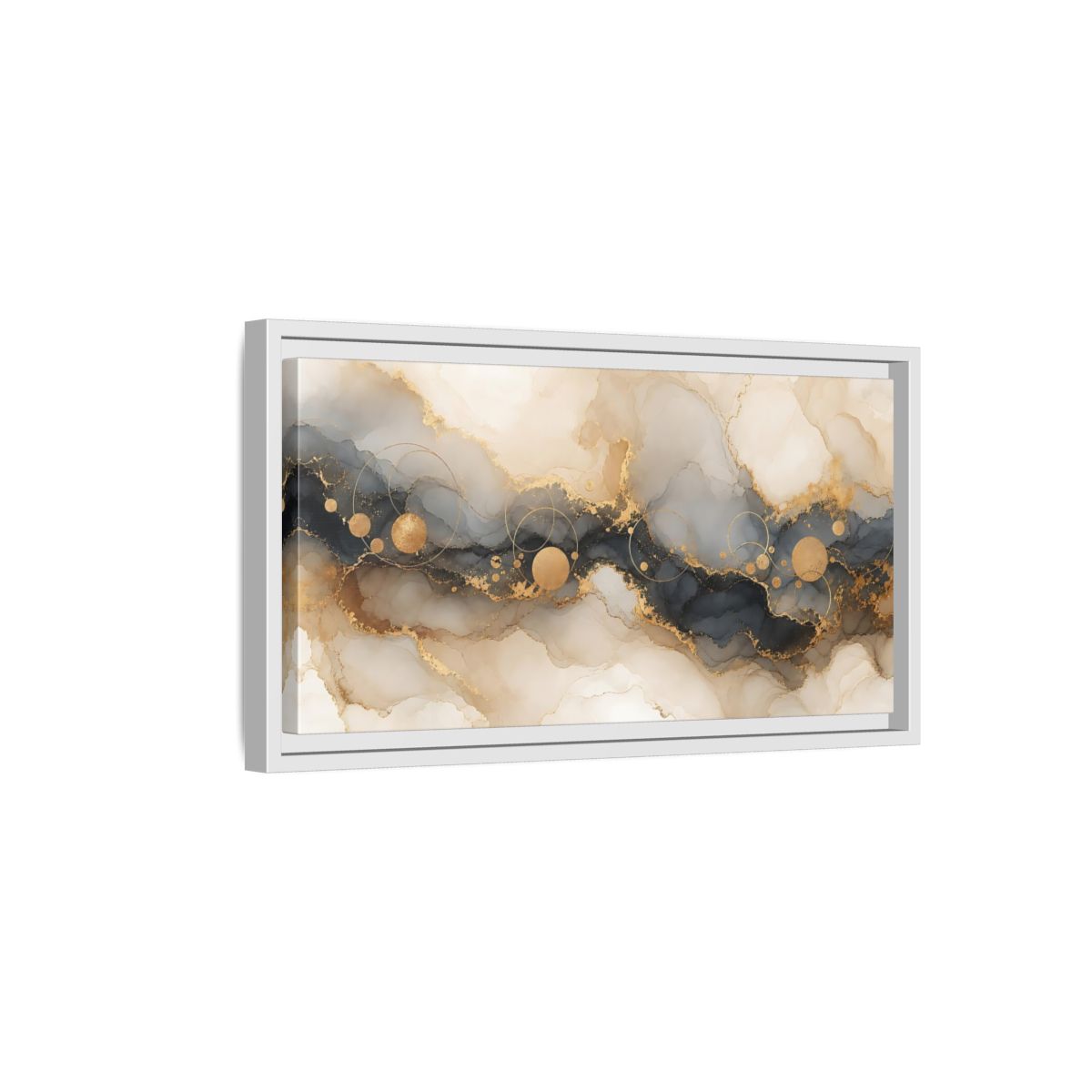Side Mockup 6. Abstract Fluid Art Gold Grey Abstract shown as stretched canvas wall art