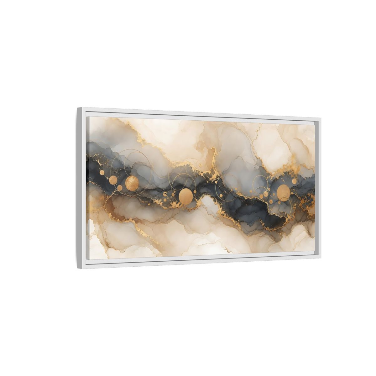 Side Mockup 1. Abstract Fluid Art Gold Grey Abstract shown as stretched canvas wall art