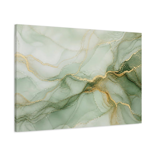 Main Mockup. Abstract Fluid Art Green Gold Swirl shown as stretched canvas wall art
