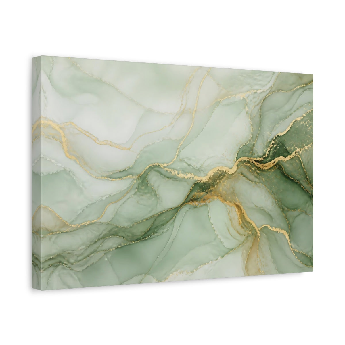 Side Mockup 4. Abstract Fluid Art Green Gold Swirl shown as stretched canvas wall art