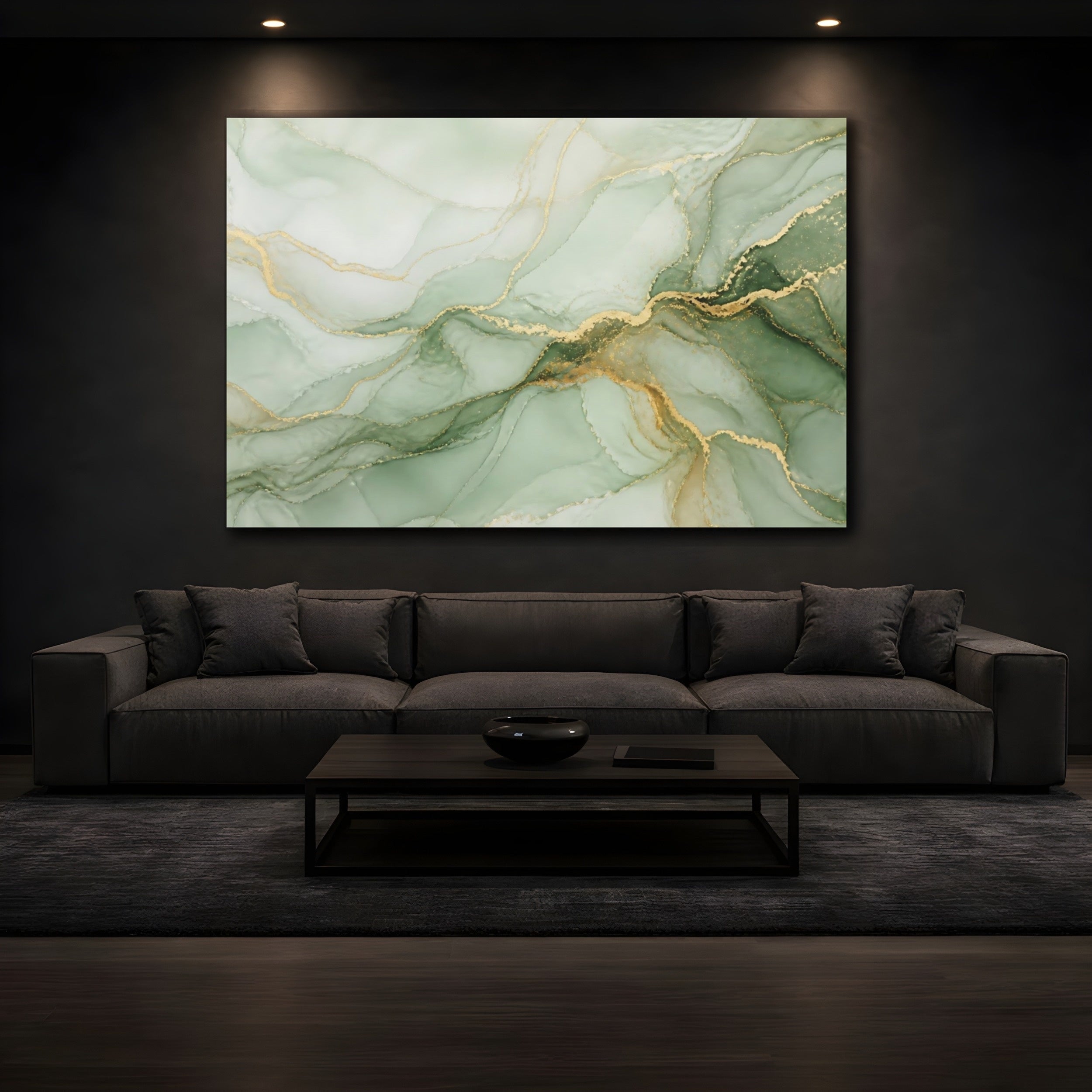 Mockup 3. Abstract Fluid Art Green Gold Swirl shown as stretched canvas wall art
