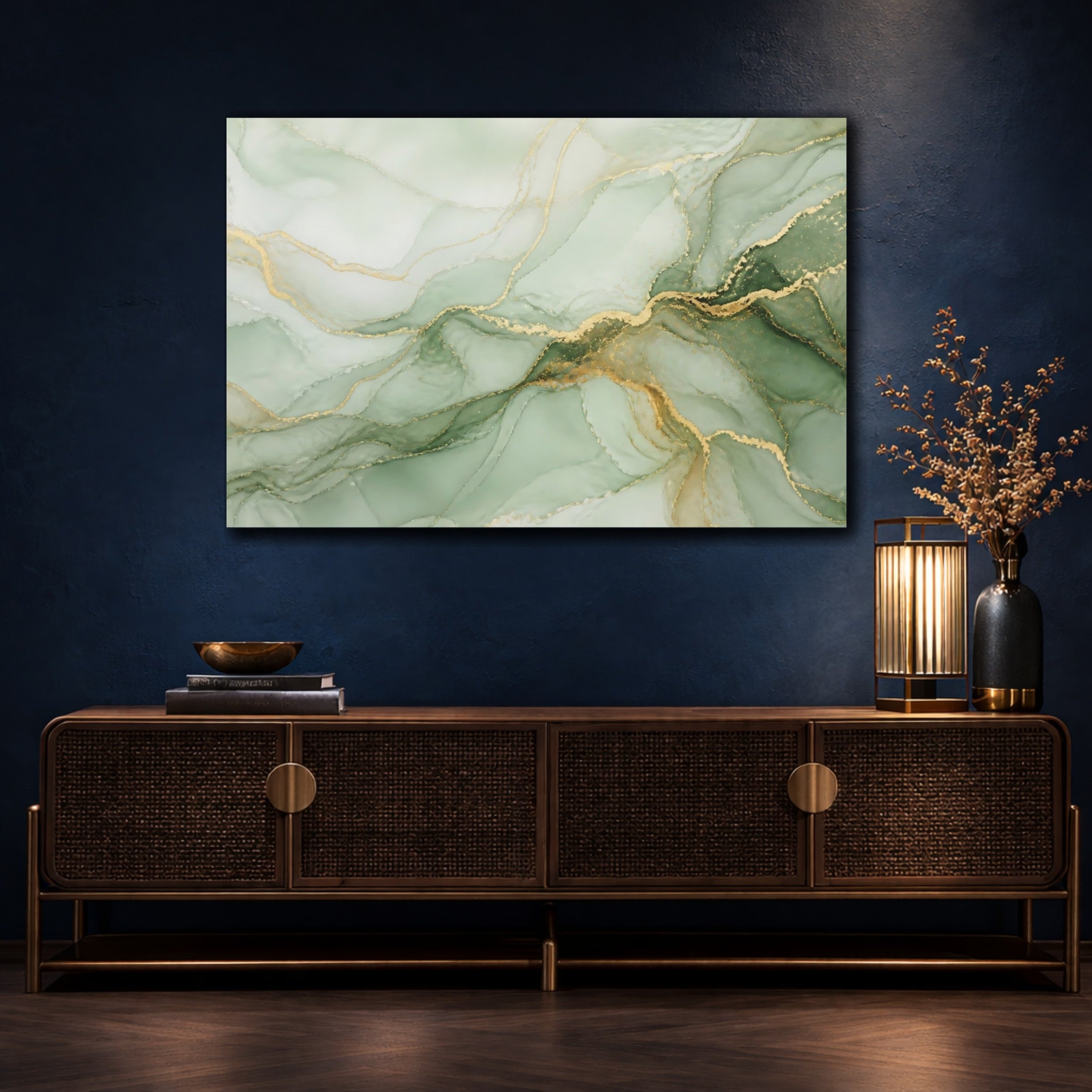 Mockup 4. Abstract Fluid Art Green Gold Swirl shown as stretched canvas wall art