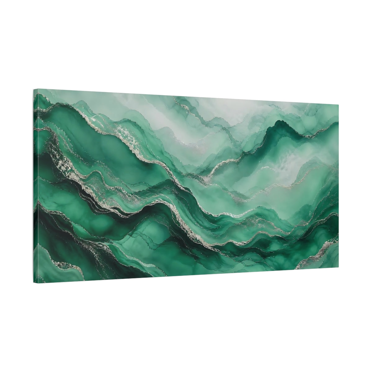 Main Mockup. Abstract Fluid Art Green Silver Abstract shown as stretched canvas wall art