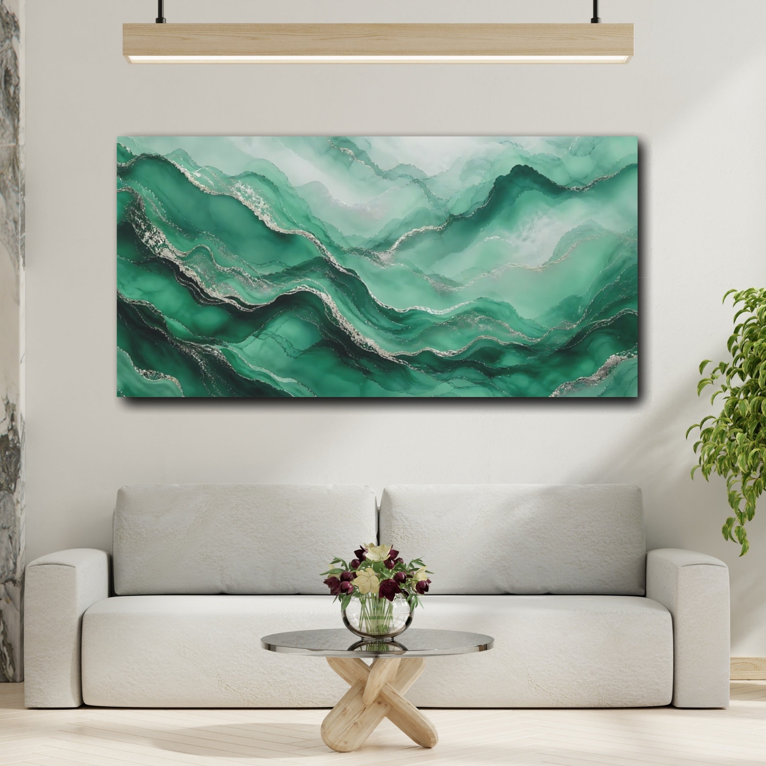 Mockup 2. Abstract Fluid Art Green Silver Abstract shown as stretched canvas wall art