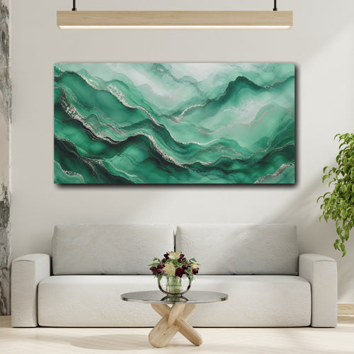 Mockup 2. Abstract Fluid Art Green Silver Abstract shown as stretched canvas wall art