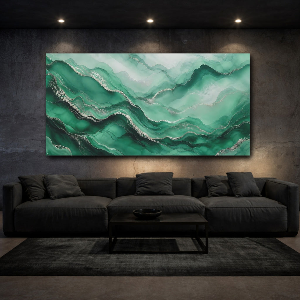 Mockup 3. Abstract Fluid Art Green Silver Abstract shown as stretched canvas wall art