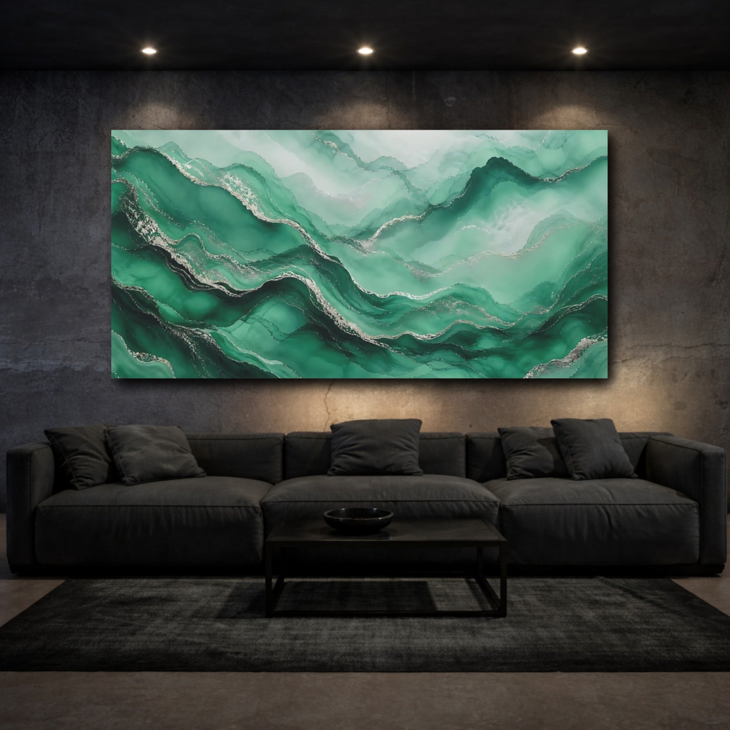 Mockup 3. Abstract Fluid Art Green Silver Abstract shown as stretched canvas wall art