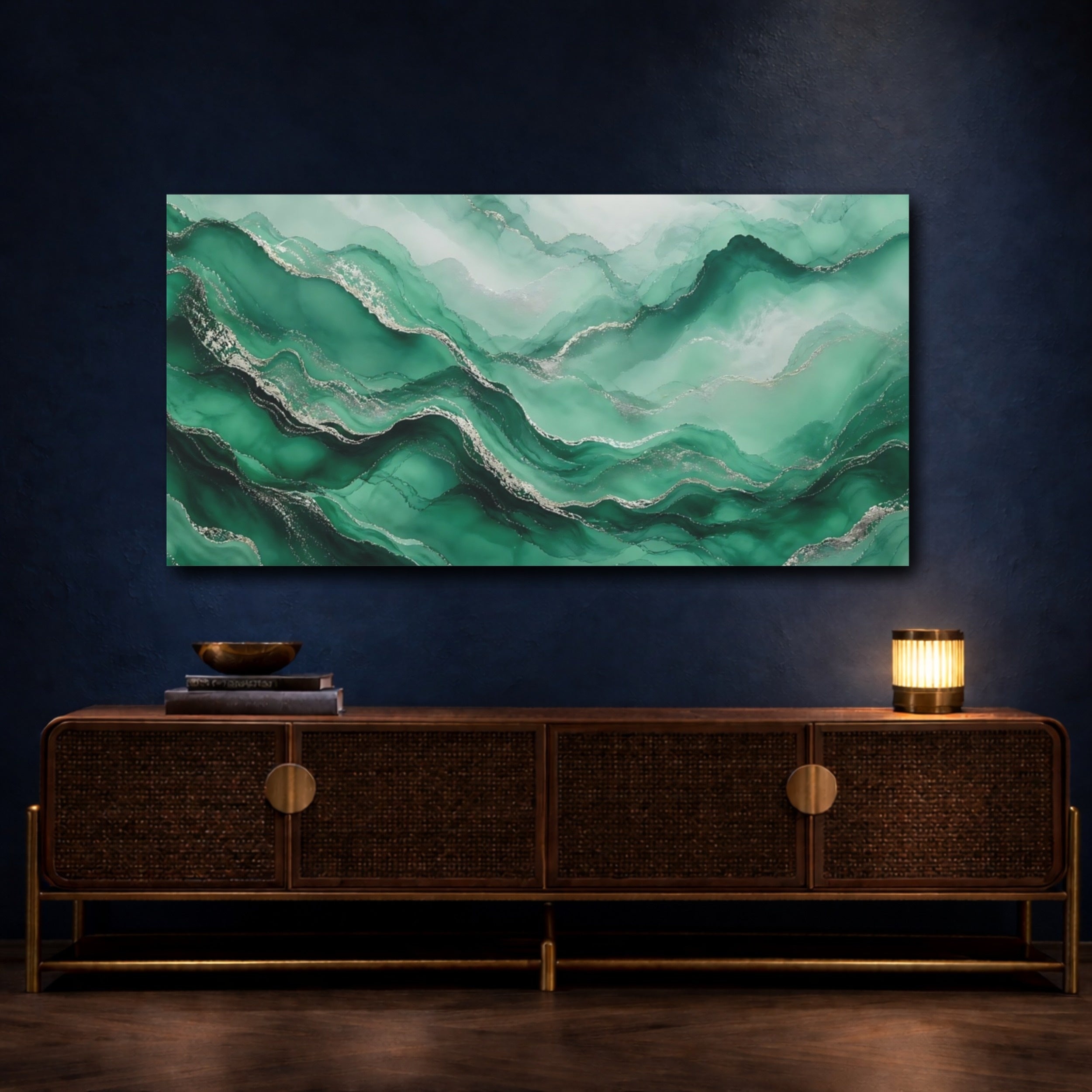 Mockup 4. Abstract Fluid Art Green Silver Abstract shown as stretched canvas wall art