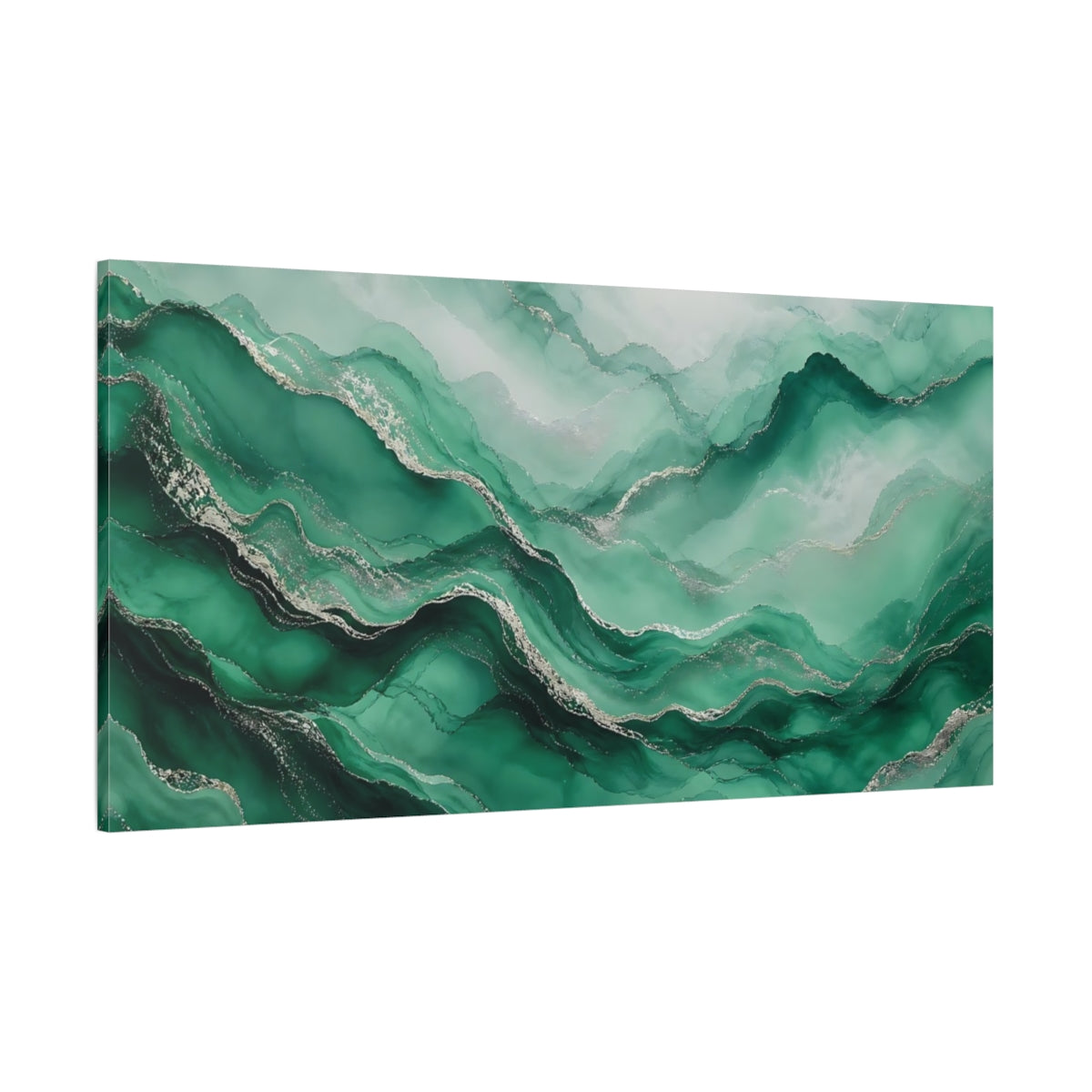 Side Mockup 2. Abstract Fluid Art Green Silver Abstract shown as stretched canvas wall art