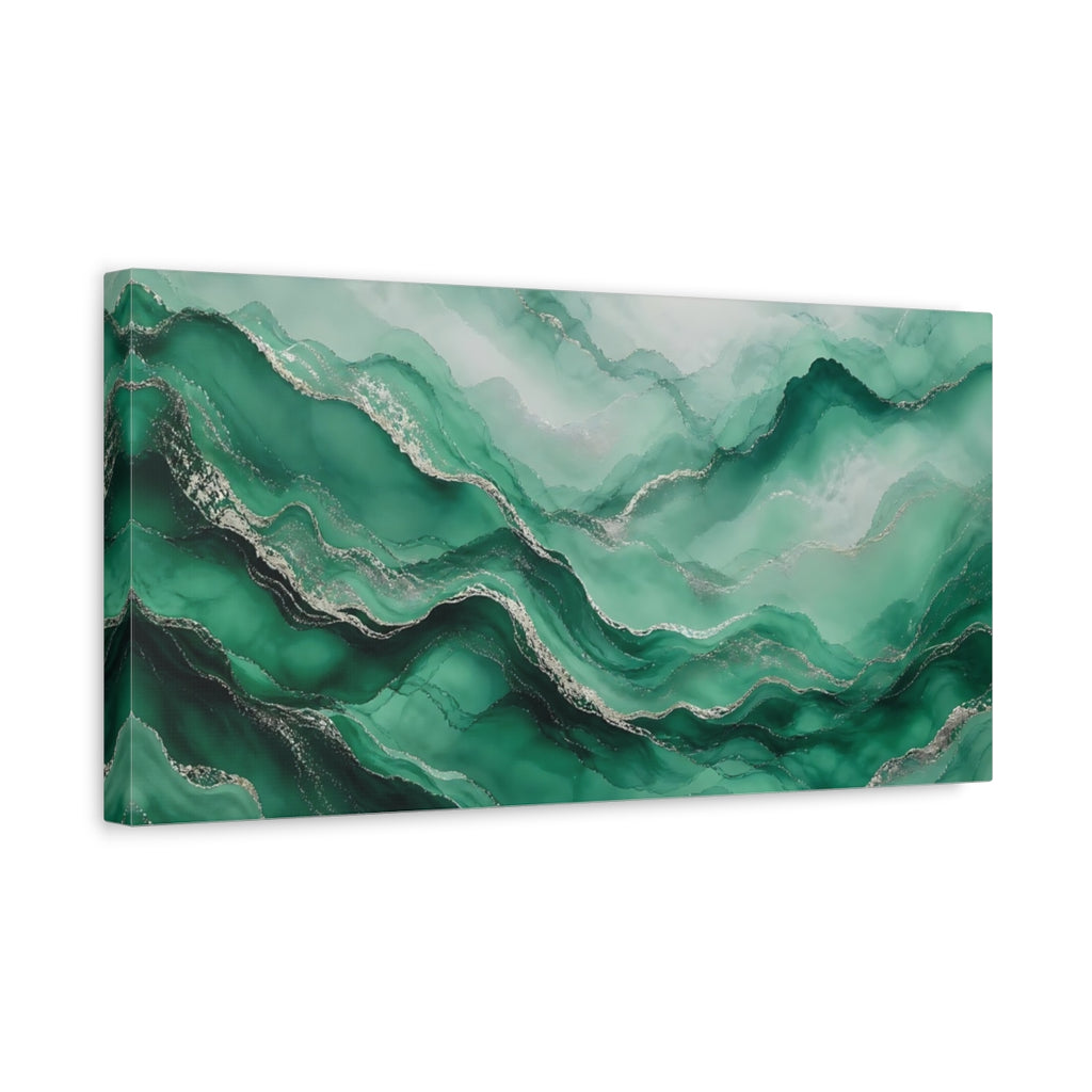Side Mockup 3. Abstract Fluid Art Green Silver Abstract shown as stretched canvas wall art