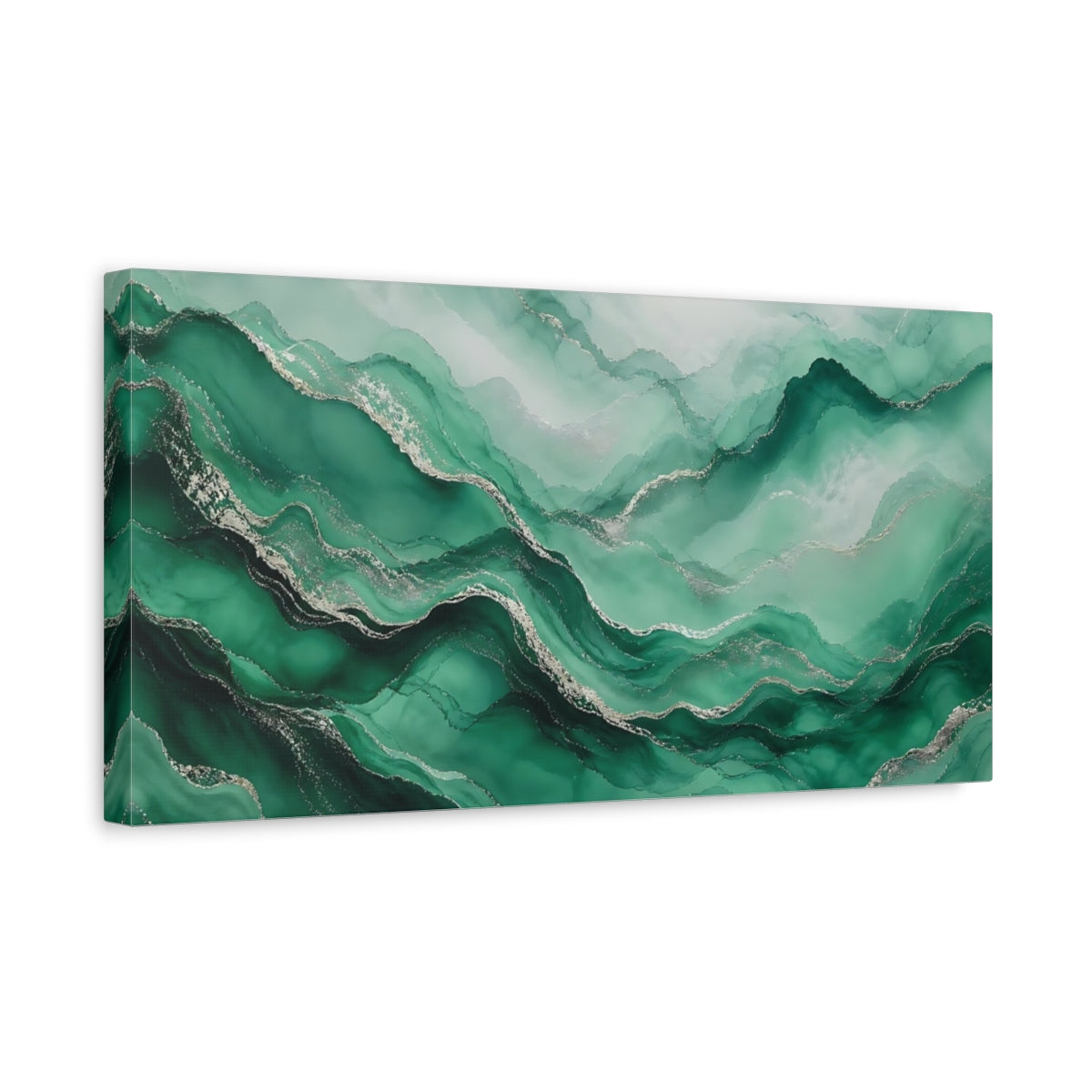 Side Mockup 3. Abstract Fluid Art Green Silver Abstract shown as stretched canvas wall art