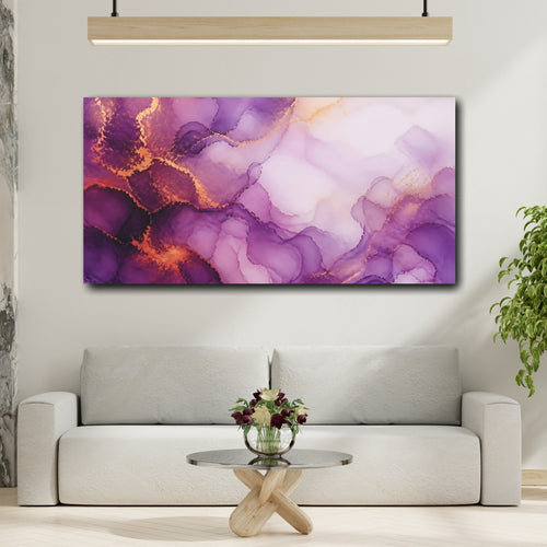 Mockup 2. Abstract Fluid Art Purple Gold Abstract shown as stretched canvas wall art