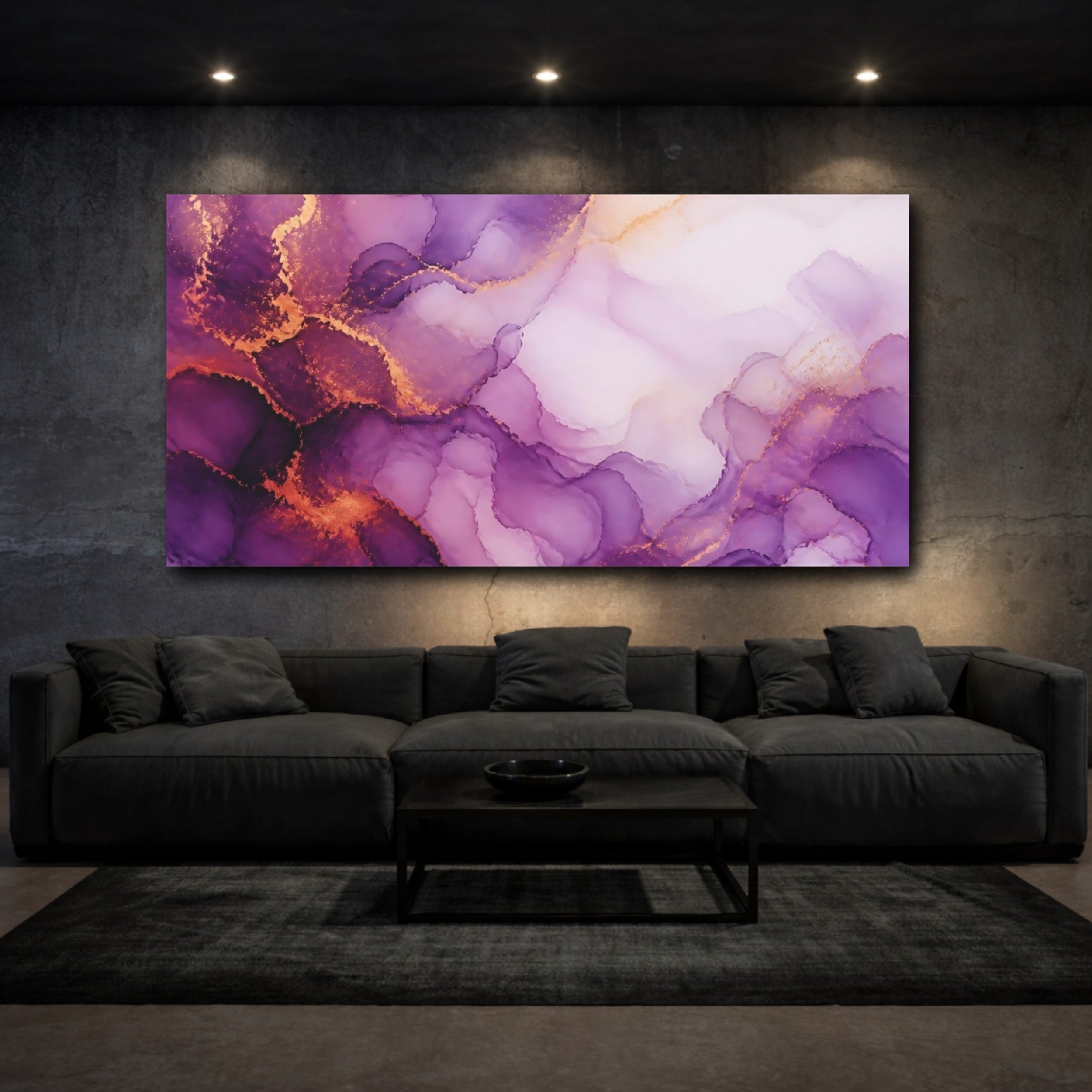 Mockup 3. Abstract Fluid Art Purple Gold Abstract shown as stretched canvas wall art