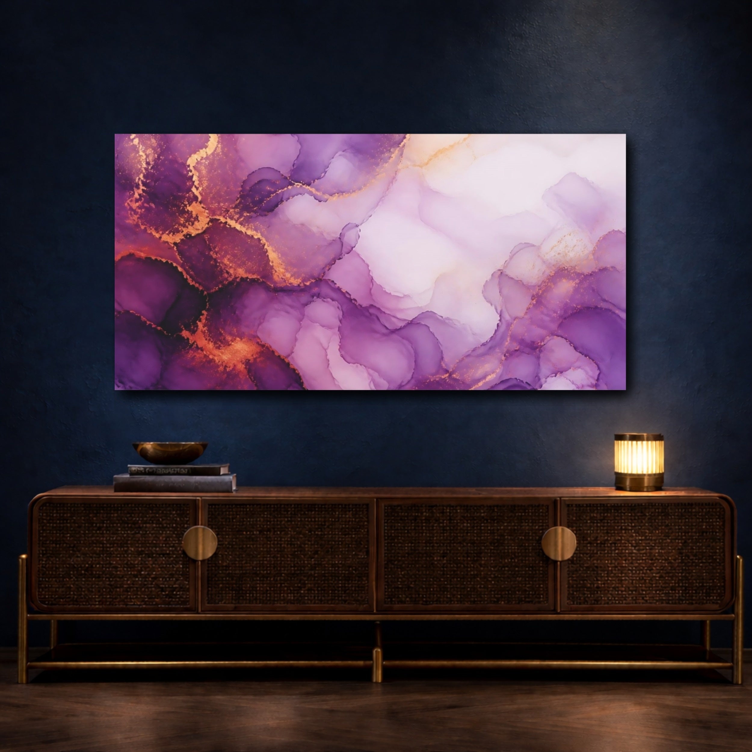 Mockup 4. Abstract Fluid Art Purple Gold Abstract shown as stretched canvas wall art