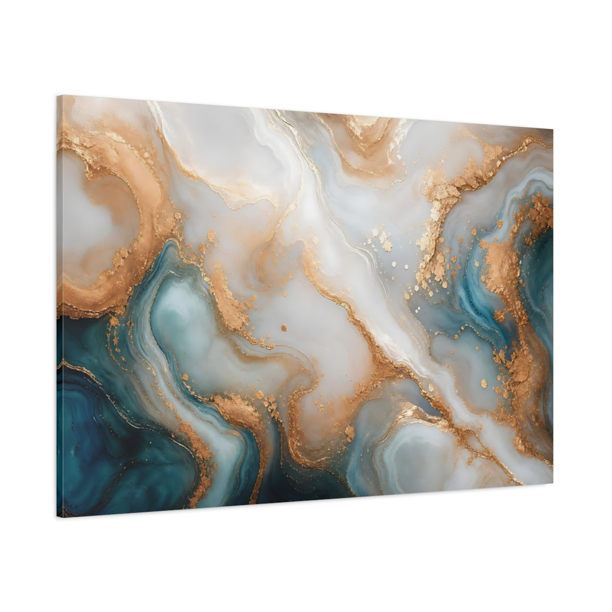 Side Mockup 1. Abstract Fluid Art Teal And Gold shown as stretched canvas wall art