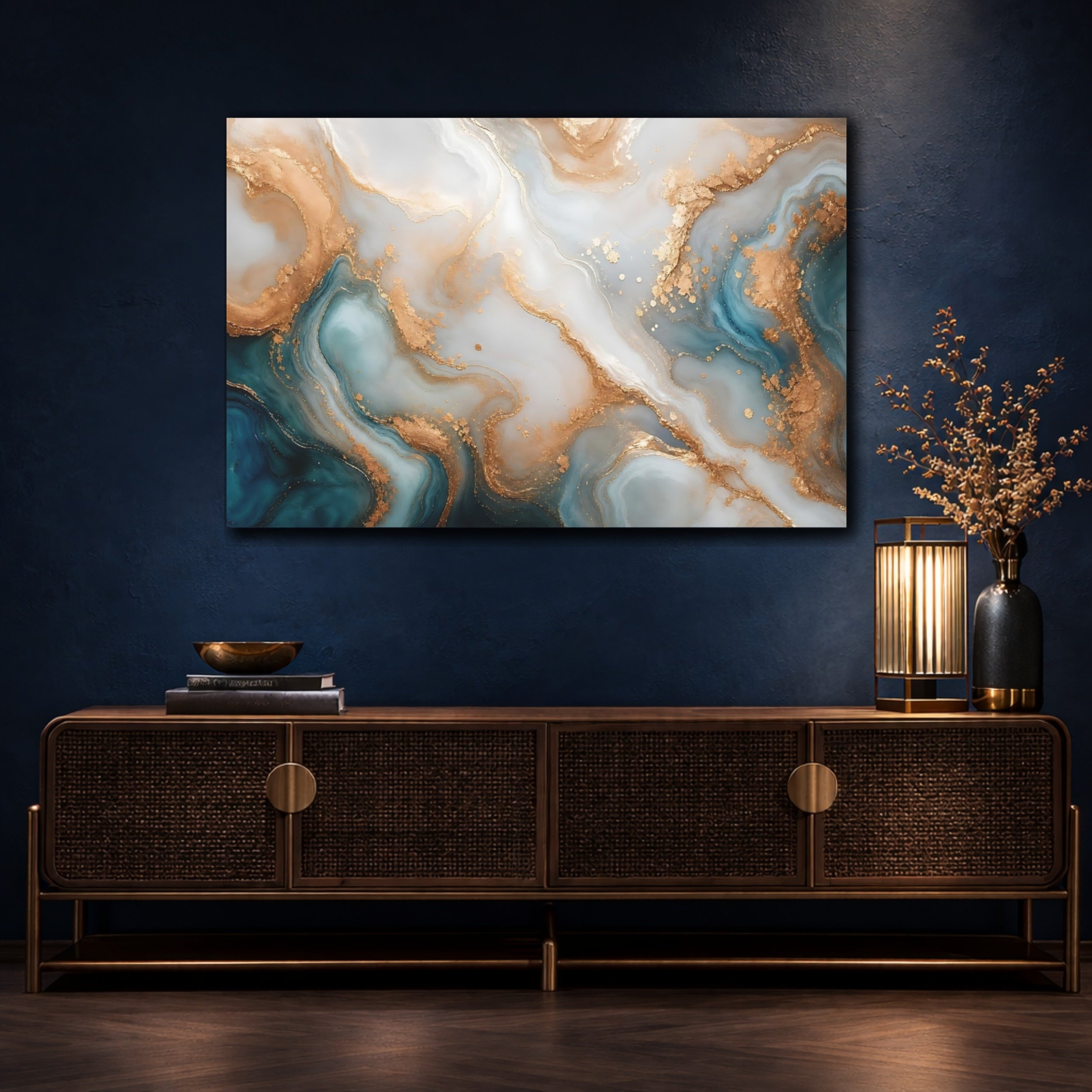 Mockup 4. Abstract Fluid Art Teal And Gold shown as stretched canvas wall art