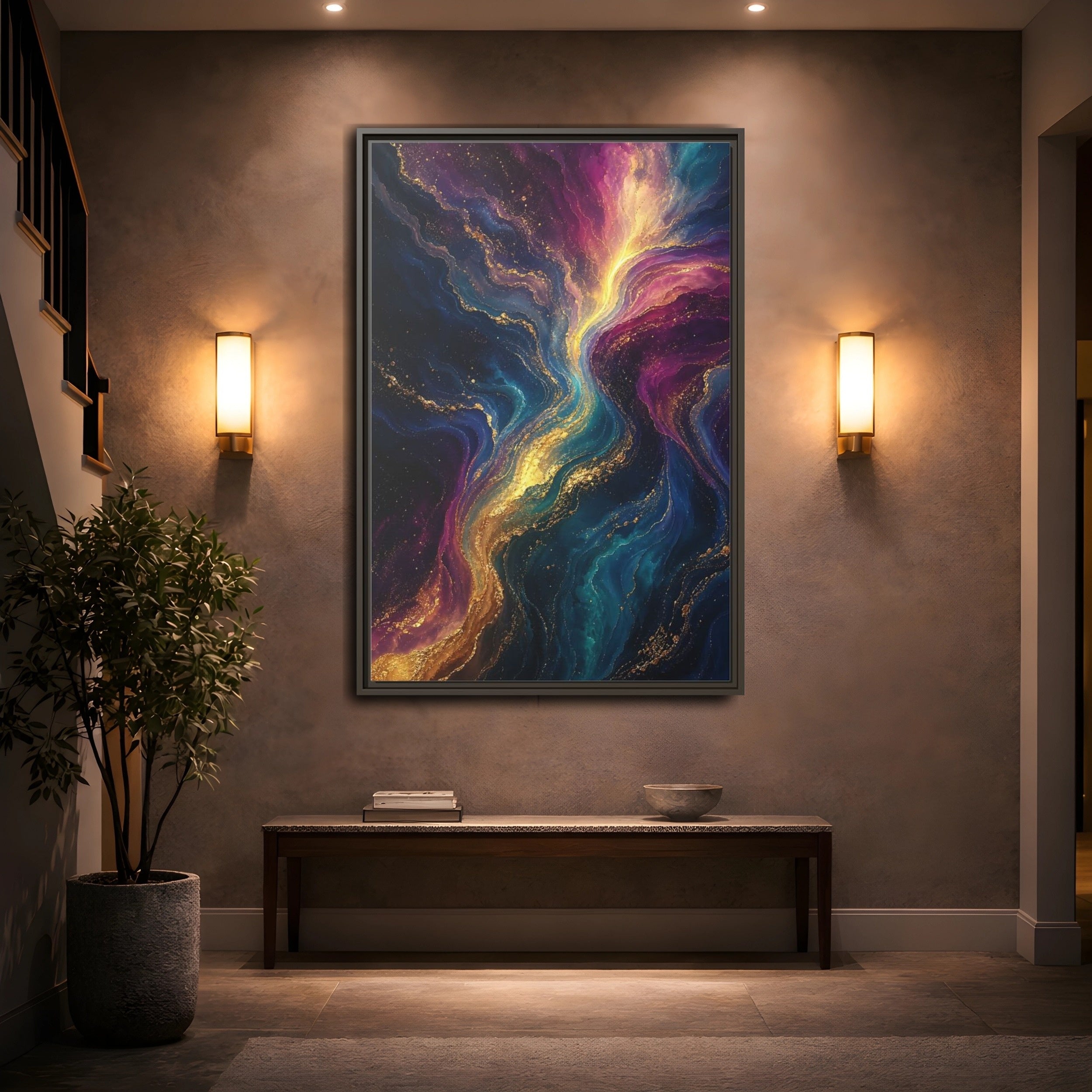 Mockup 2. Abstract Fluid Art Vibrant Gold Abstract shown as stretched canvas wall art