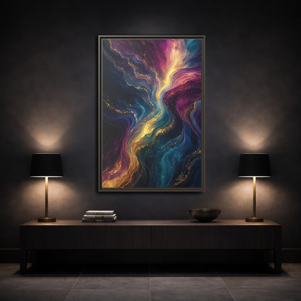 Mockup 3. Abstract Fluid Art Vibrant Gold Abstract shown as stretched canvas wall art