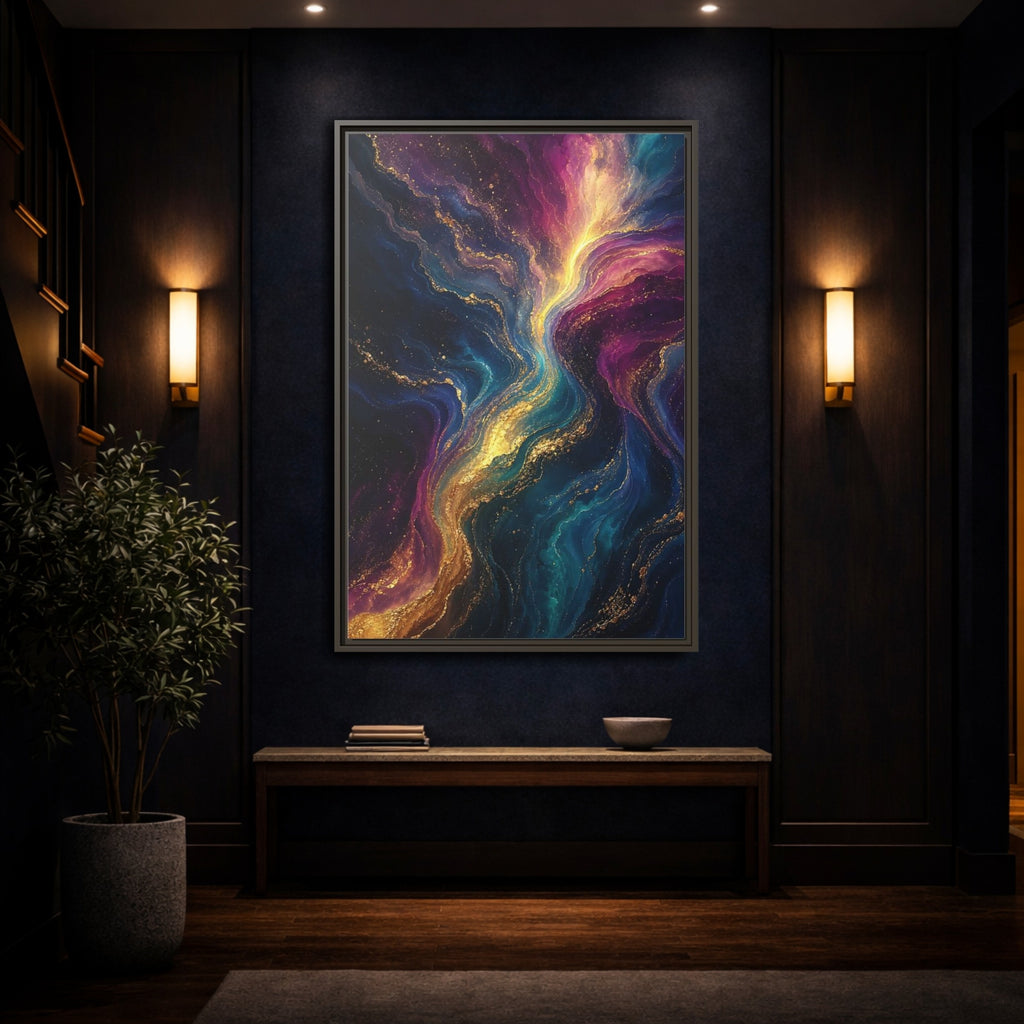 Mockup 4. Abstract Fluid Art Vibrant Gold Abstract shown as stretched canvas wall art