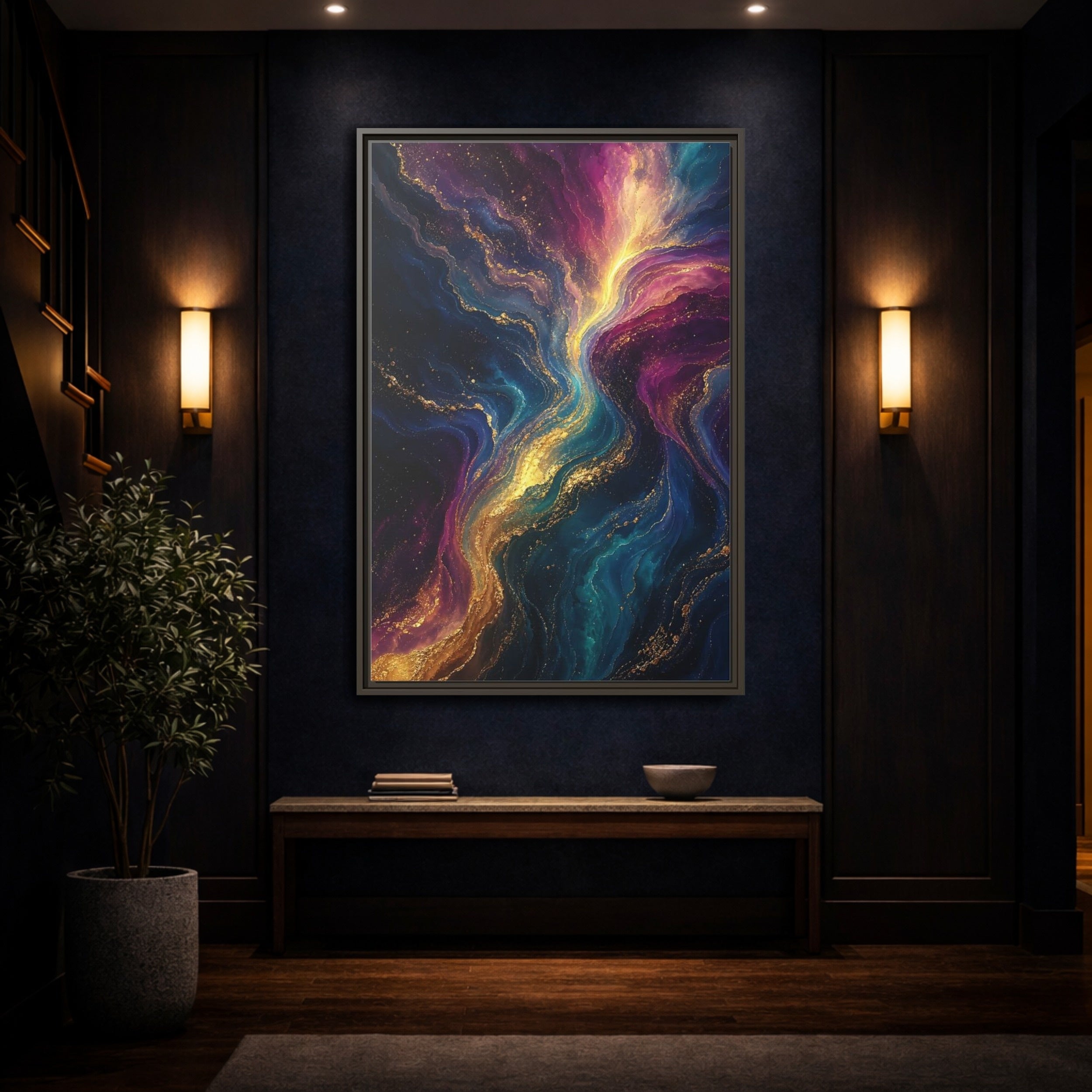Mockup 4. Abstract Fluid Art Vibrant Gold Abstract shown as stretched canvas wall art