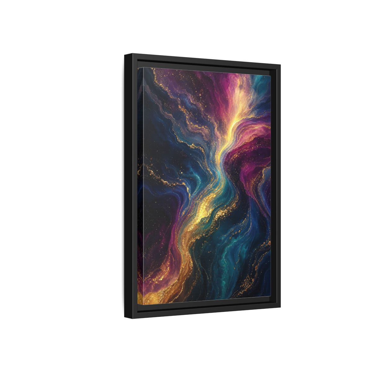 Side Mockup 6. Abstract Fluid Art Vibrant Gold Abstract shown as stretched canvas wall art