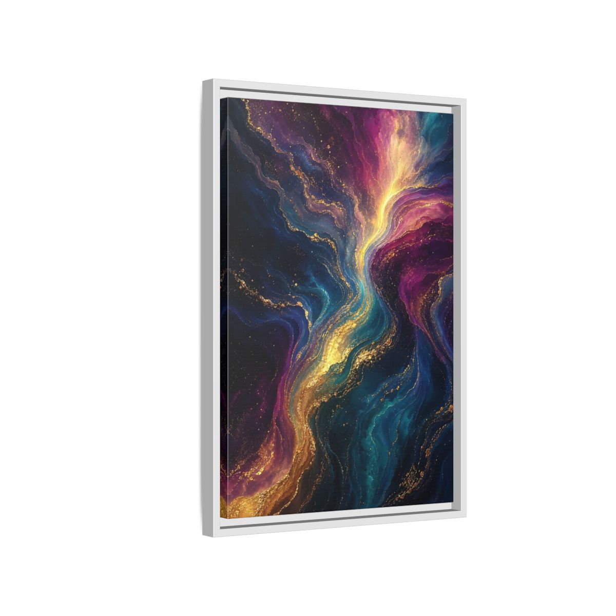 Side Mockup 1. Abstract Fluid Art Vibrant Gold Abstract shown as stretched canvas wall art