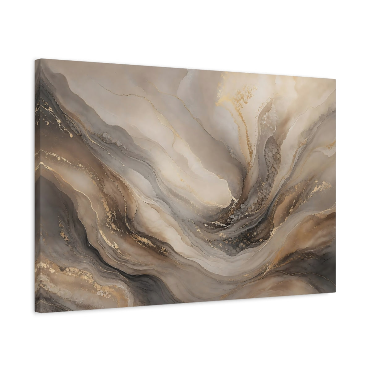 Side Mockup 2. Abstract Abstract Fluid Beige Gold Abstract shown as stretched canvas wall art