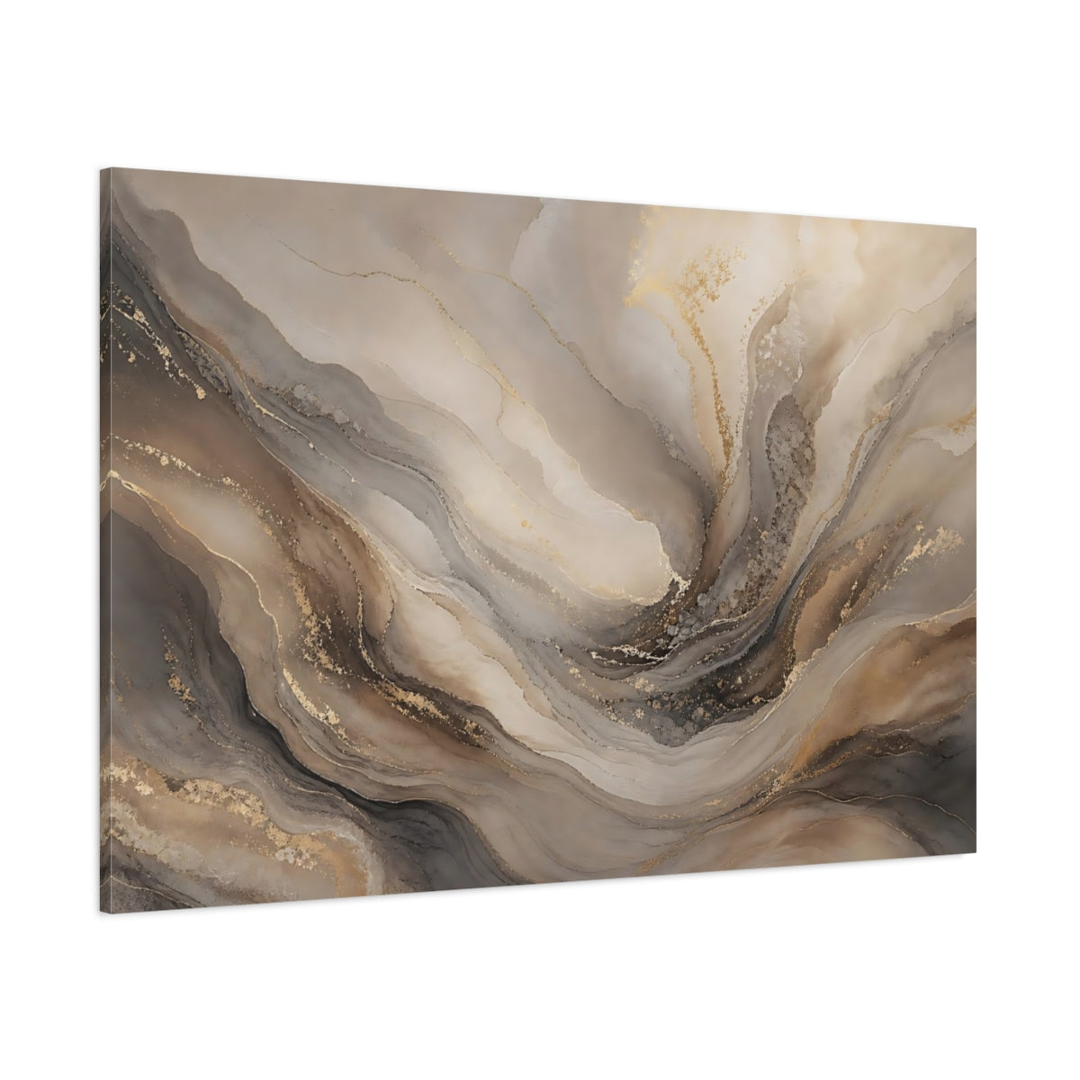 Side Mockup 1. Abstract Abstract Fluid Beige Gold Abstract shown as stretched canvas wall art