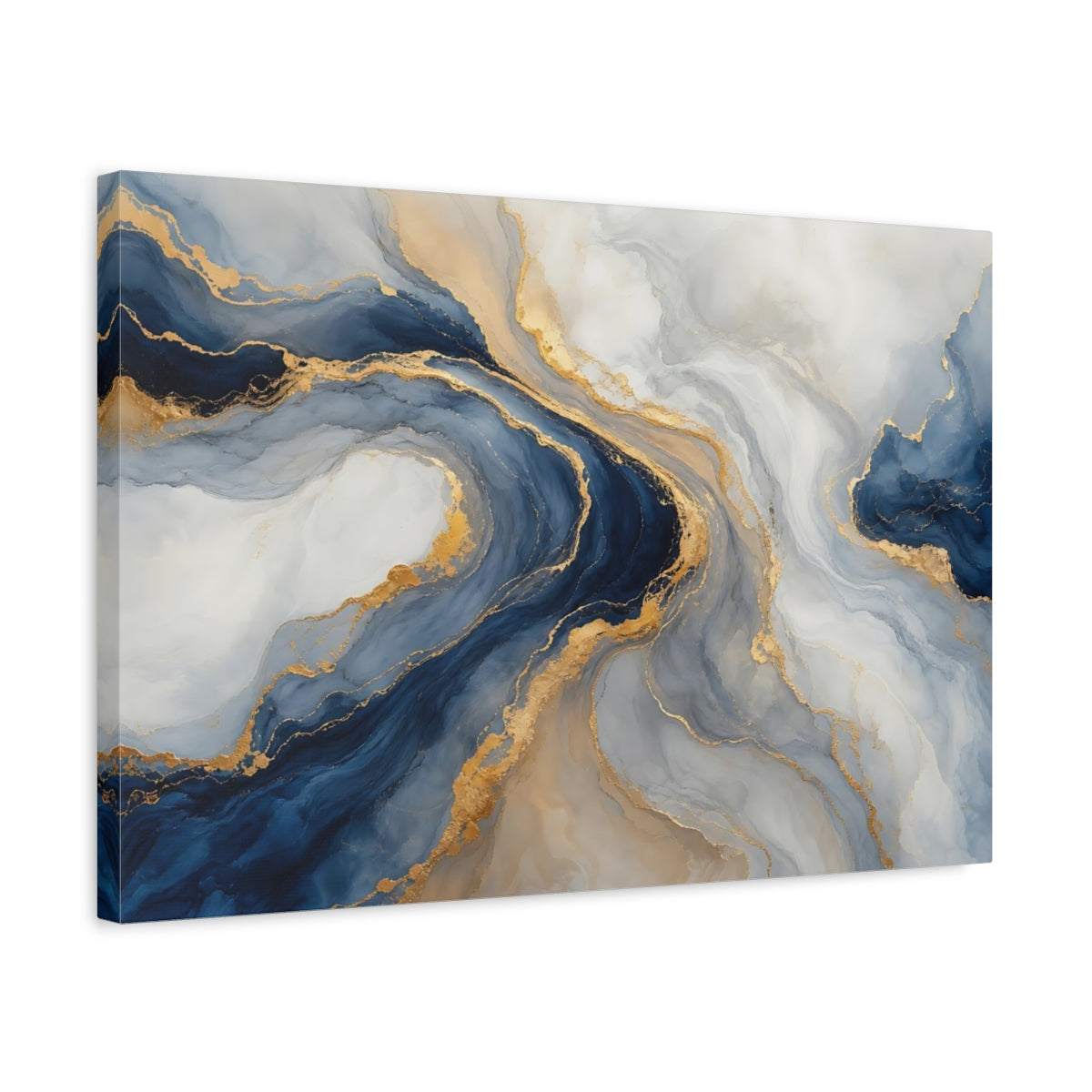 Side Mockup 3. Abstract Fluid Abstract Blue And Gold shown as stretched canvas wall art