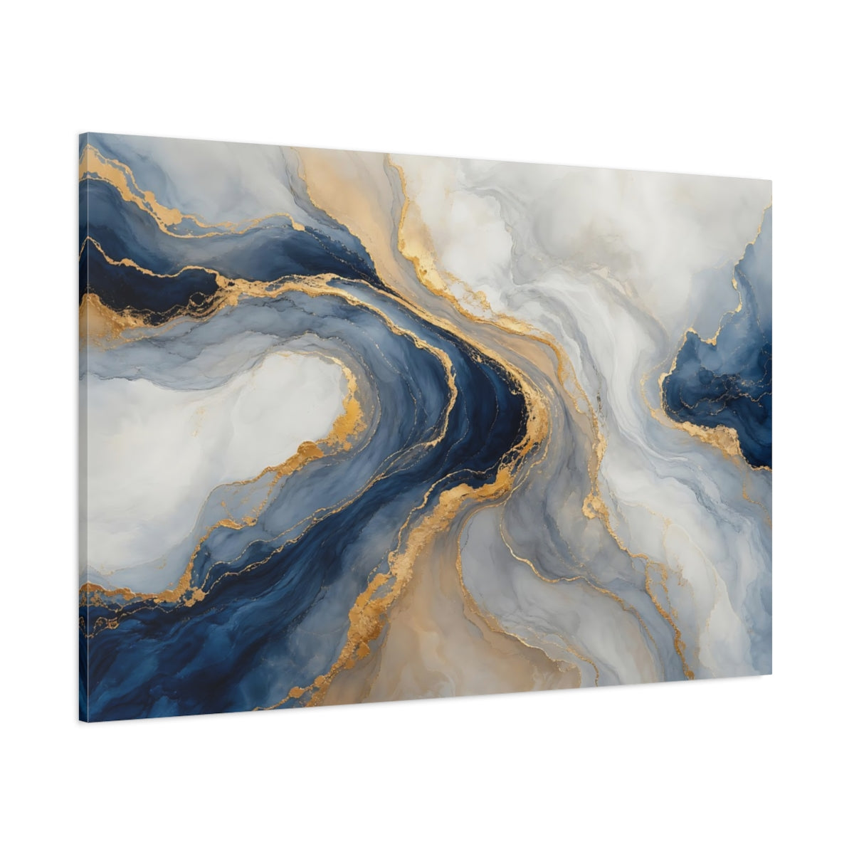Side Mockup 1. Abstract Fluid Abstract Blue And Gold shown as stretched canvas wall art