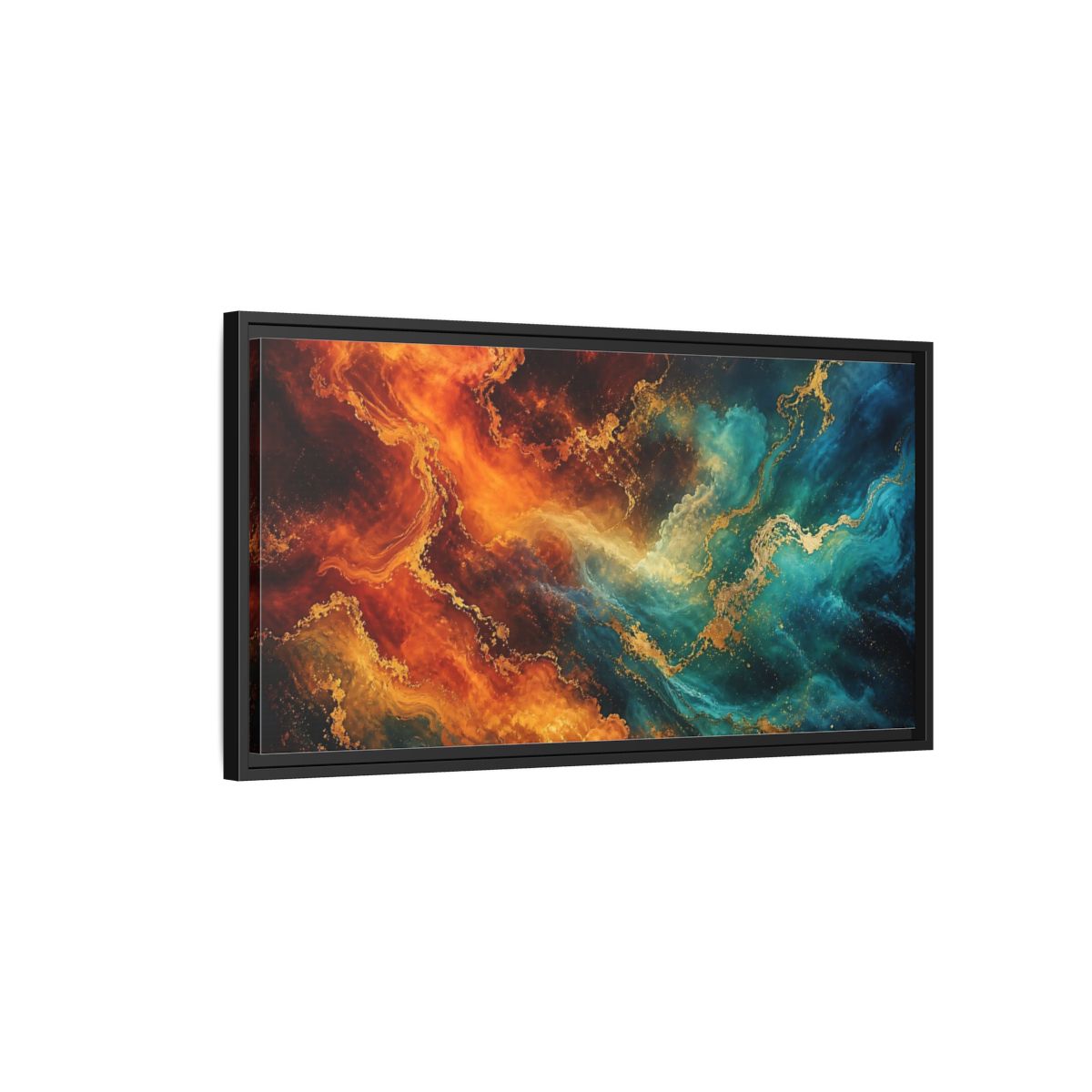 Side Mockup 2. Abstract Abstract Fluid Orange Teal Gold shown as stretched canvas wall art