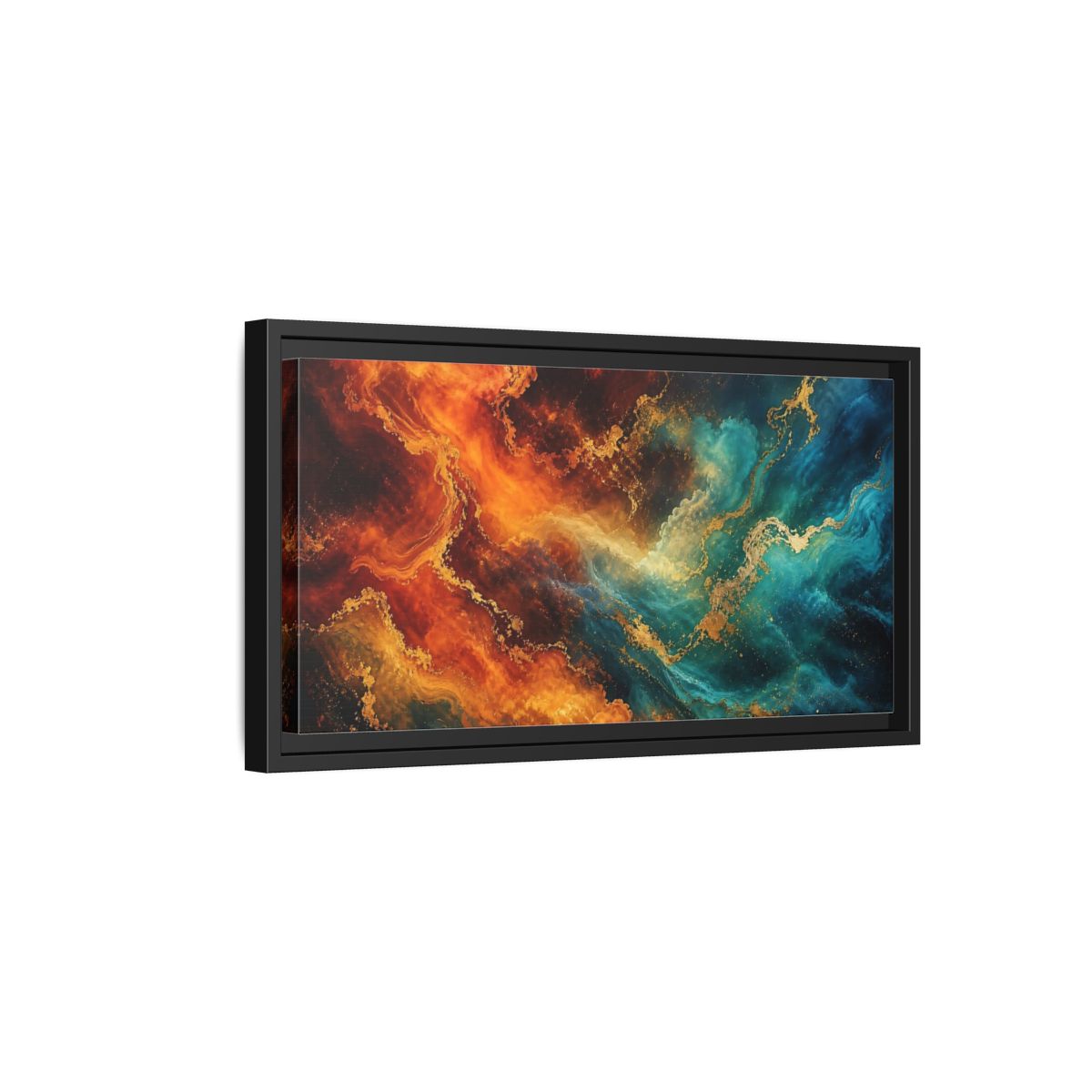 Side Mockup 8. Abstract Abstract Fluid Orange Teal Gold shown as stretched canvas wall art